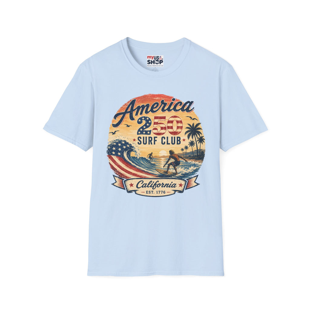 America 250 Surf Club T-Shirt — Patriotic California Surf Vintage Tee