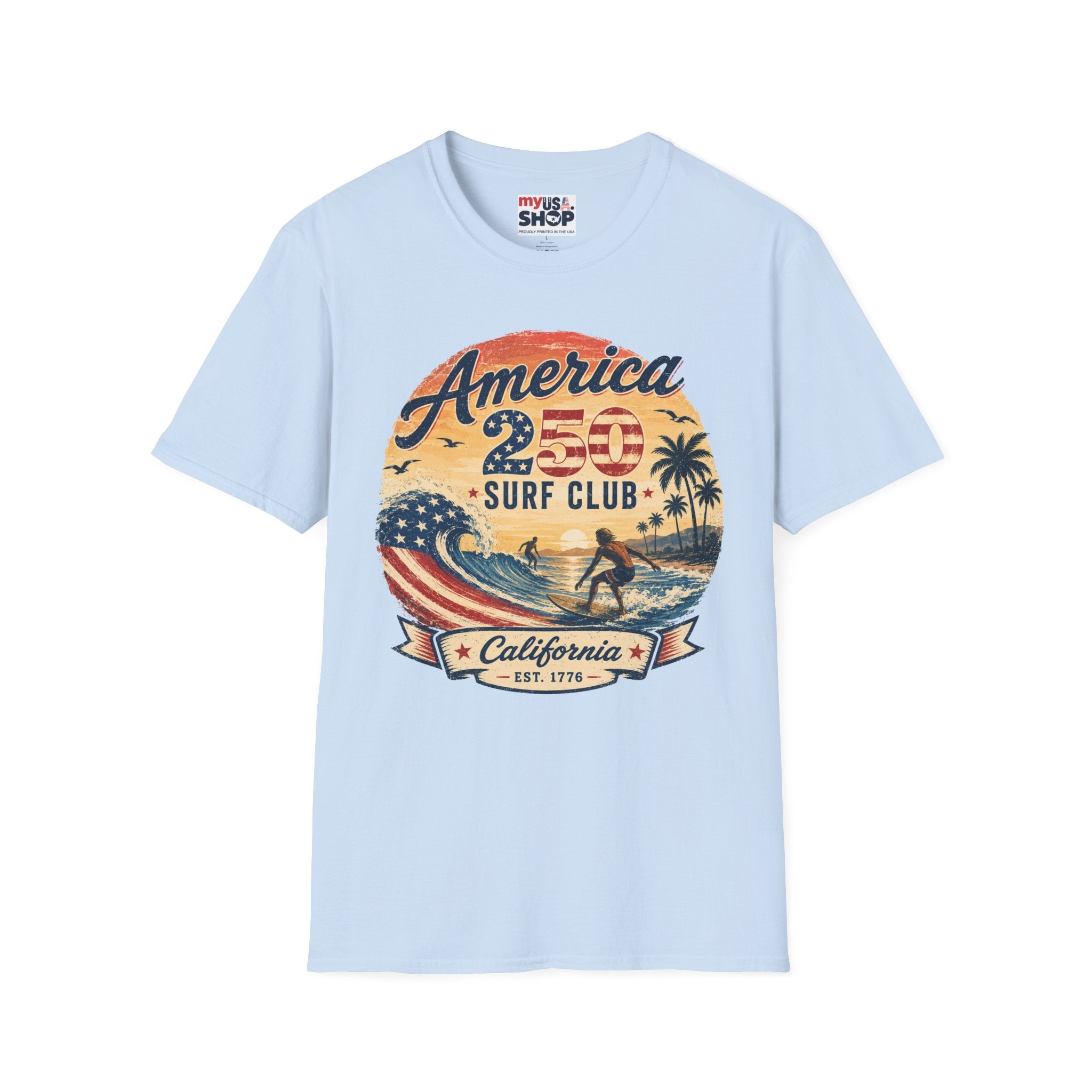 America 250 Surf Club T-Shirt — Patriotic California Surf Vintage Tee