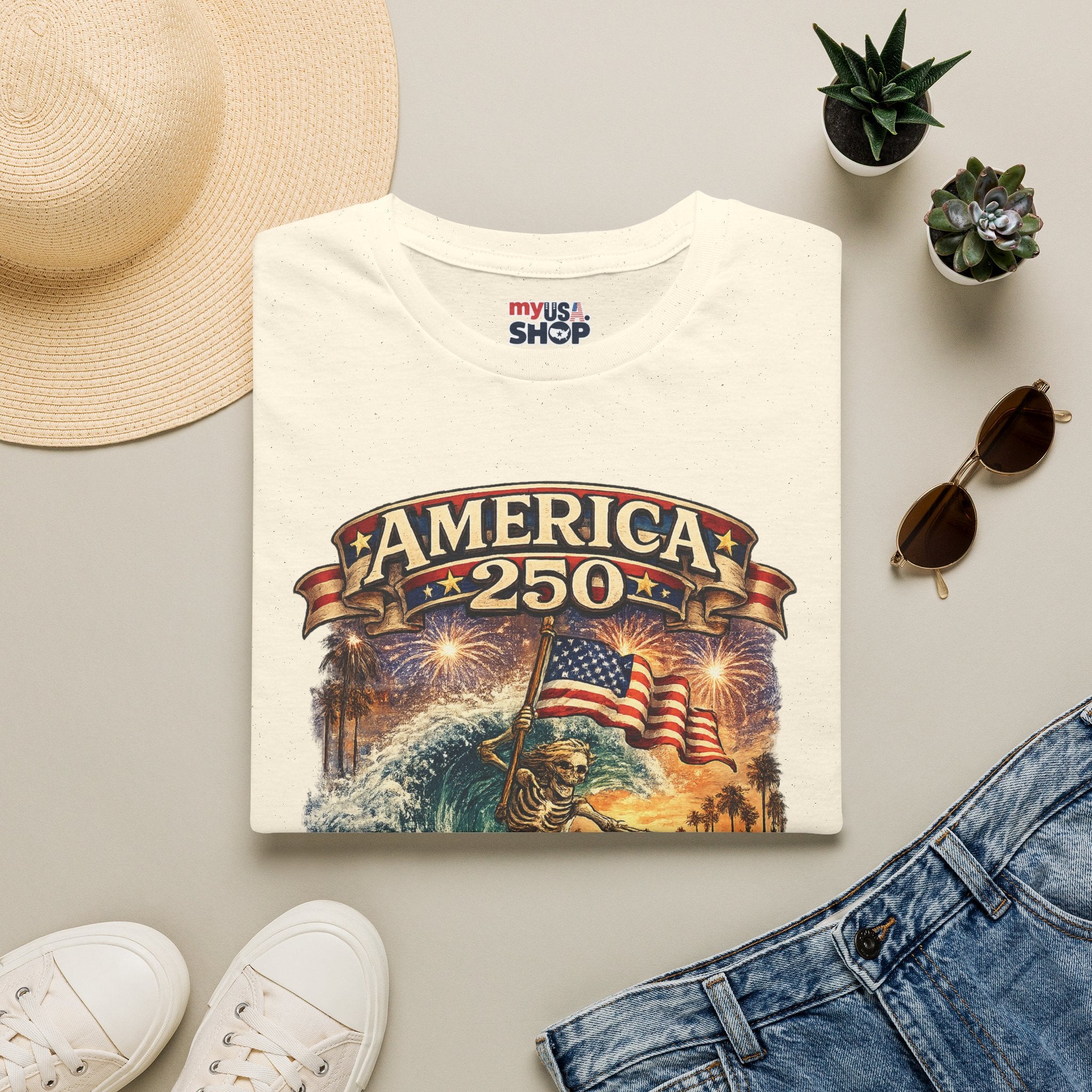 America 250 Venice Beach T-Shirt — Patriotic Vintage Surf & Fireworks Tee