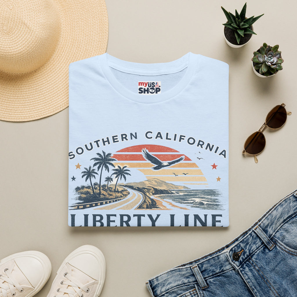 America 250 Southern California Liberty Line T-Shirt — Retro Beach Sunset Graphic