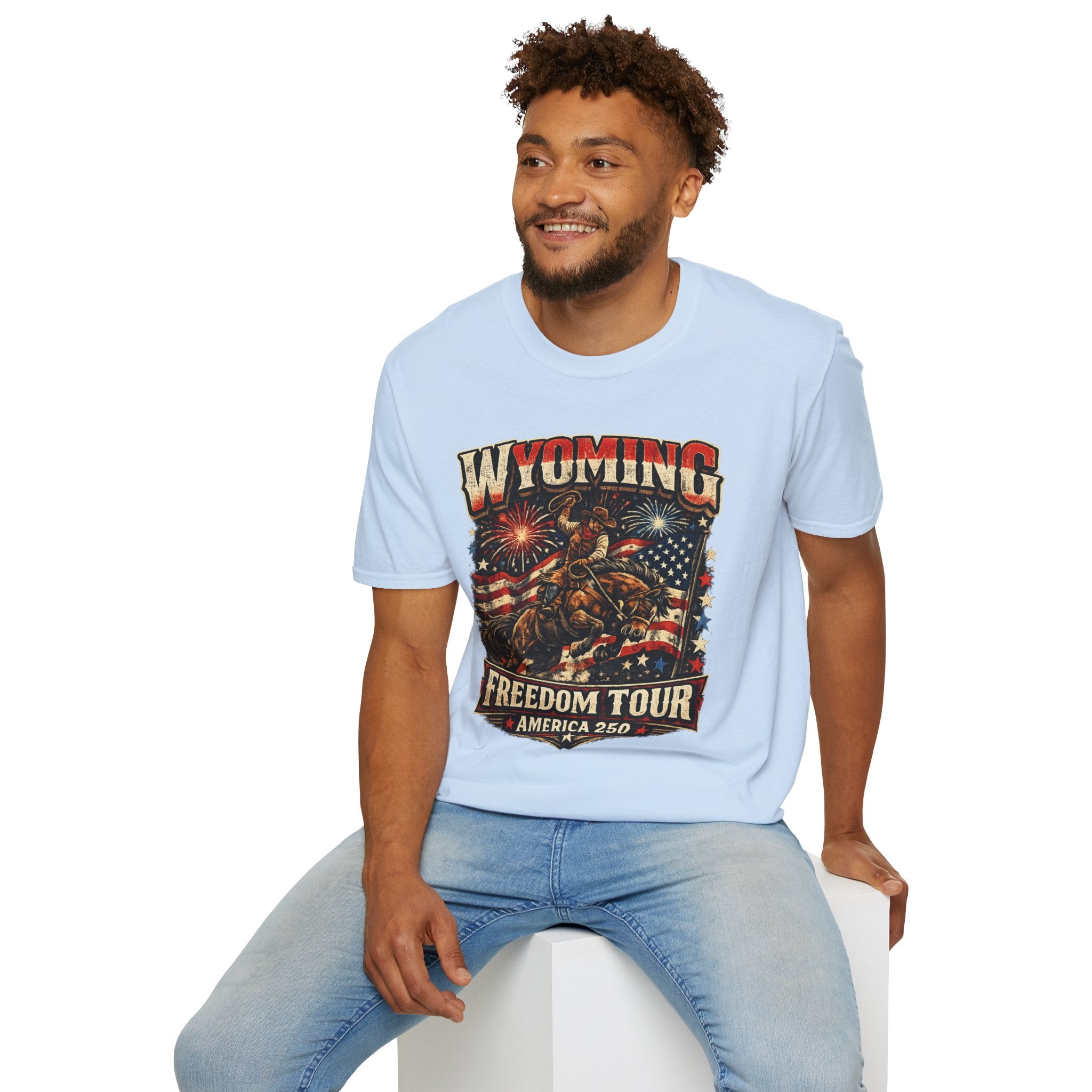 America 250 Freedom Tour T-Shirt — Wyoming Patriotic Rodeo USA Graphic Tee