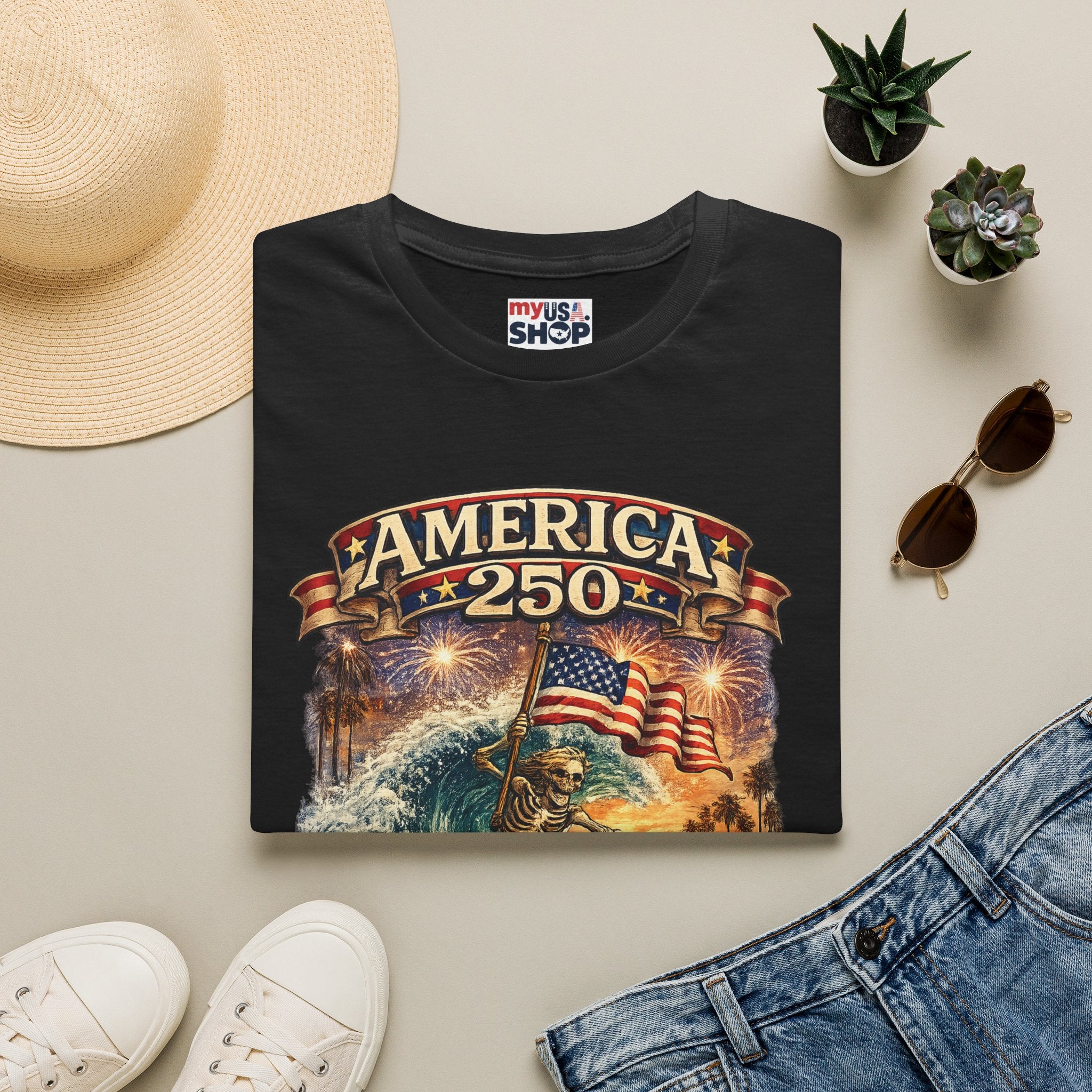 America 250 Venice Beach T-Shirt — Patriotic Vintage Surf & Fireworks Tee