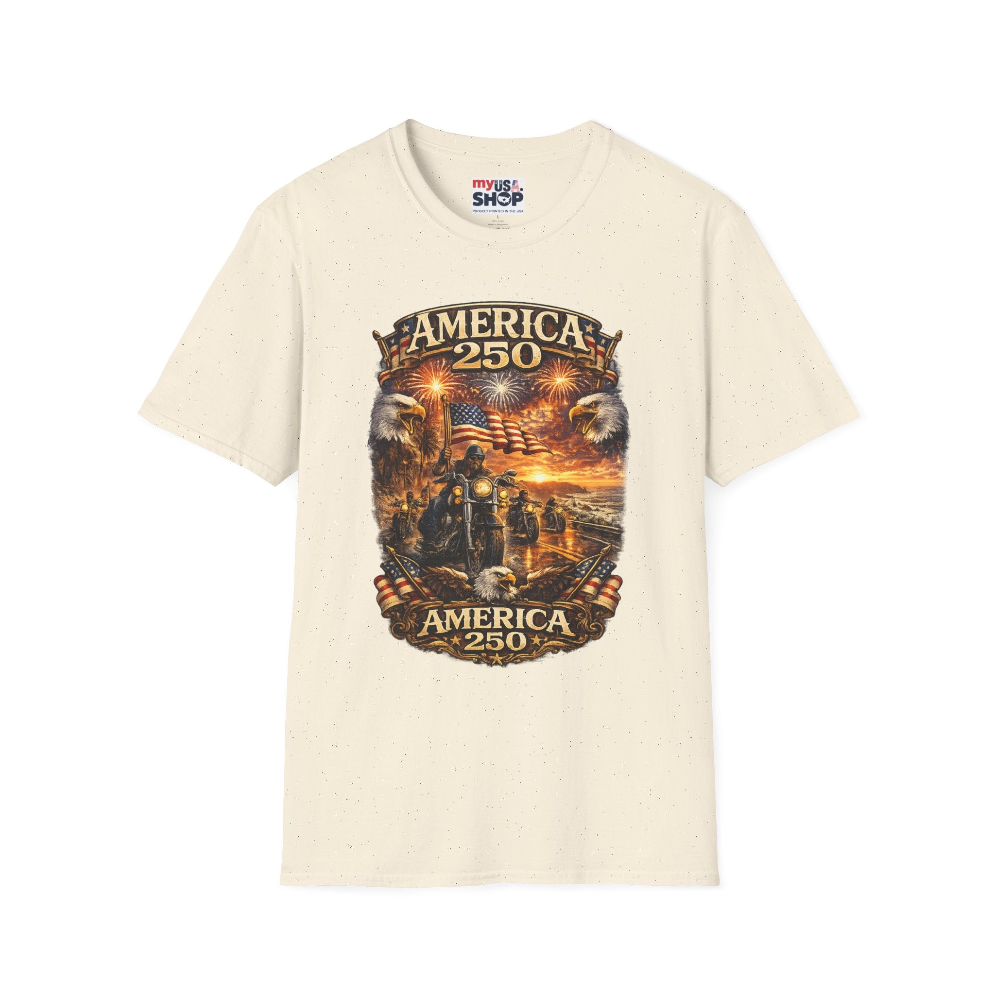 America 250 Celebration T-Shirt — Patriotic Fireworks & Bald Eagle Tee