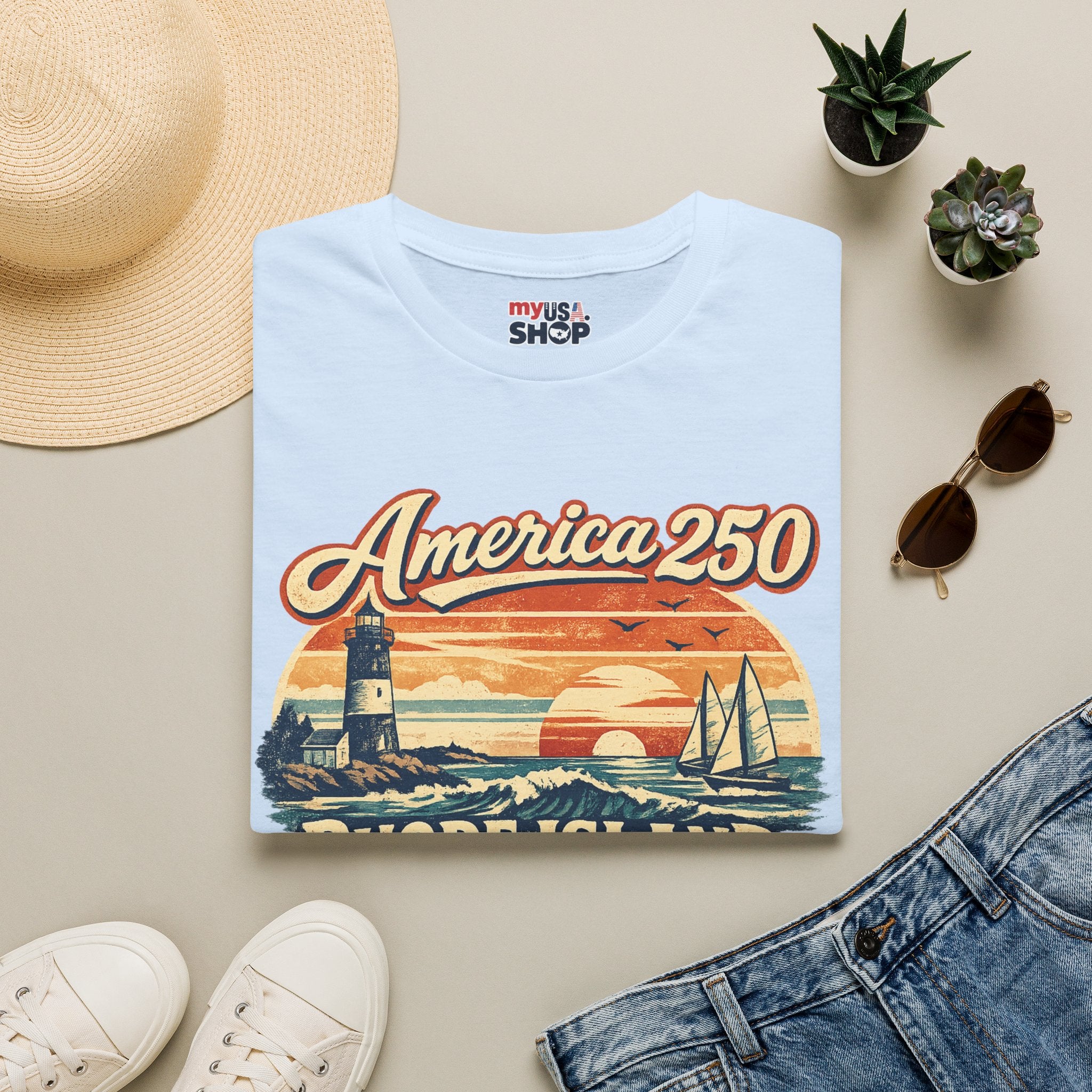 America 250 Rhode Island Heritage Shirt — Coastal Lighthouse Sunset Tee