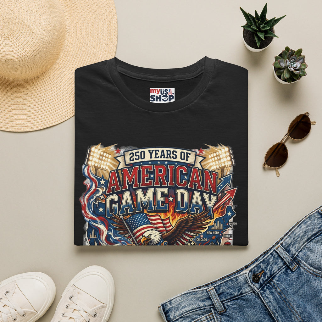American Game Day T-Shirt — 250 Years USA Football & Baseball Celebration Pop Culture
