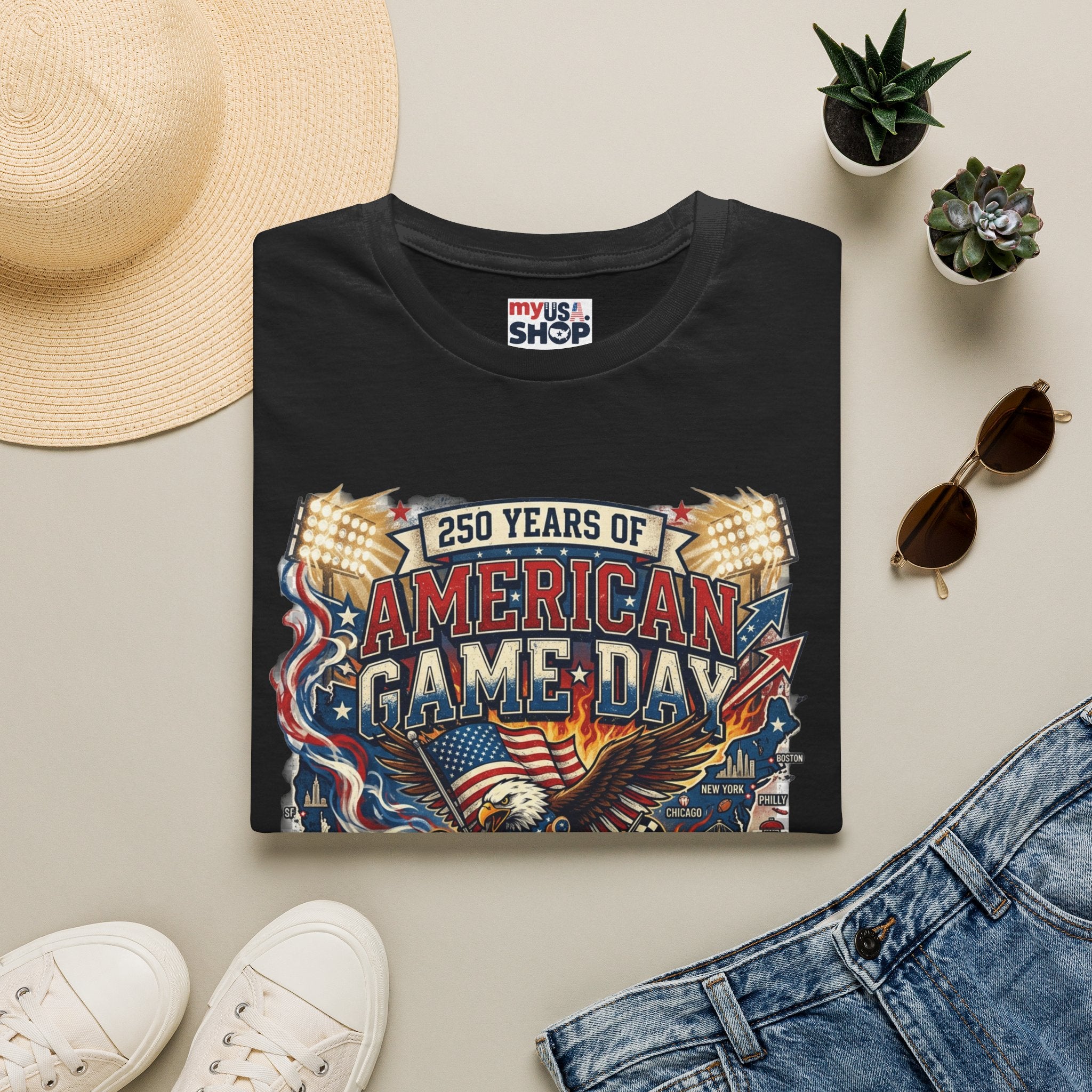 American Game Day T-Shirt — 250 Years USA Football & Baseball Celebration Pop Culture