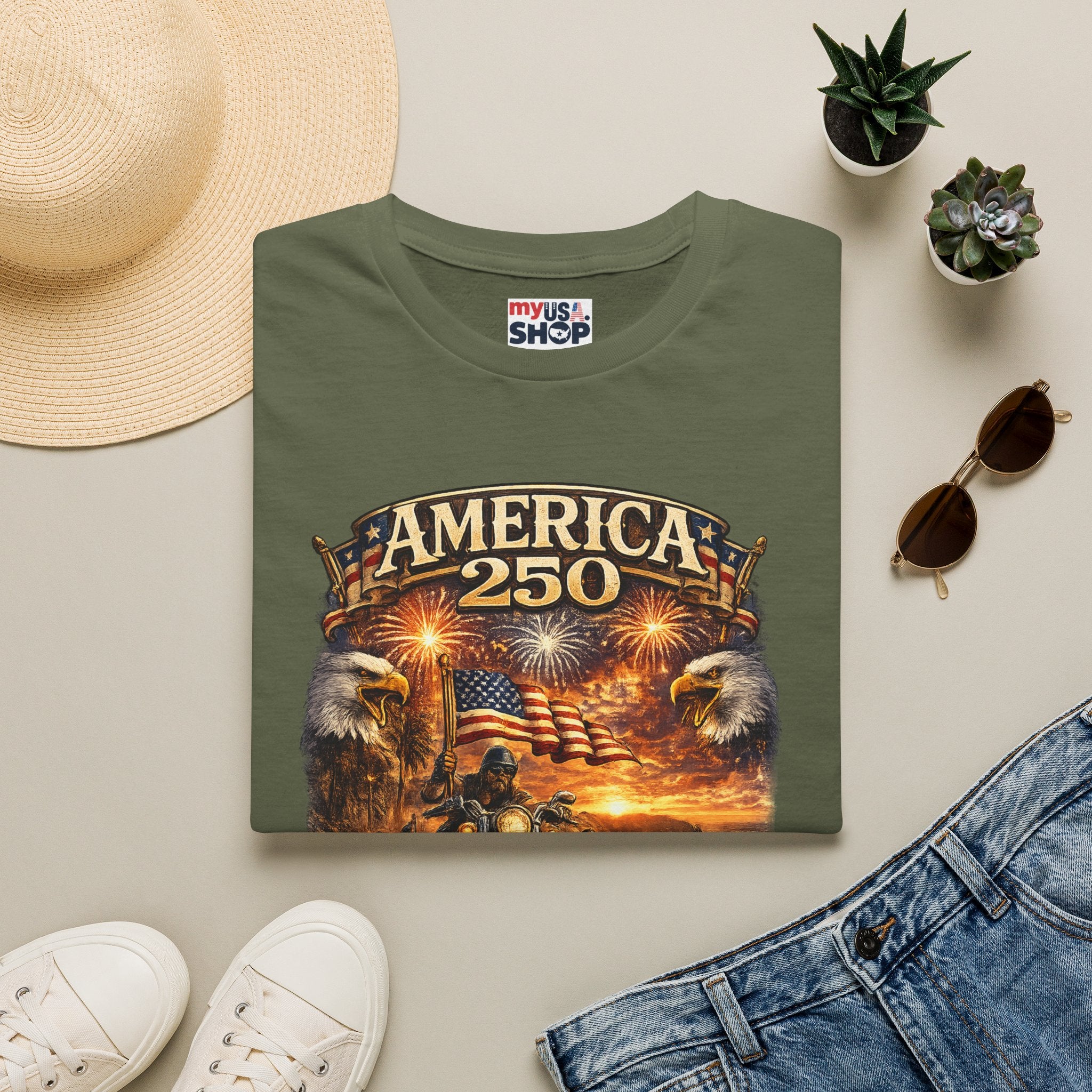 America 250 Celebration T-Shirt — Patriotic Fireworks & Bald Eagle Tee