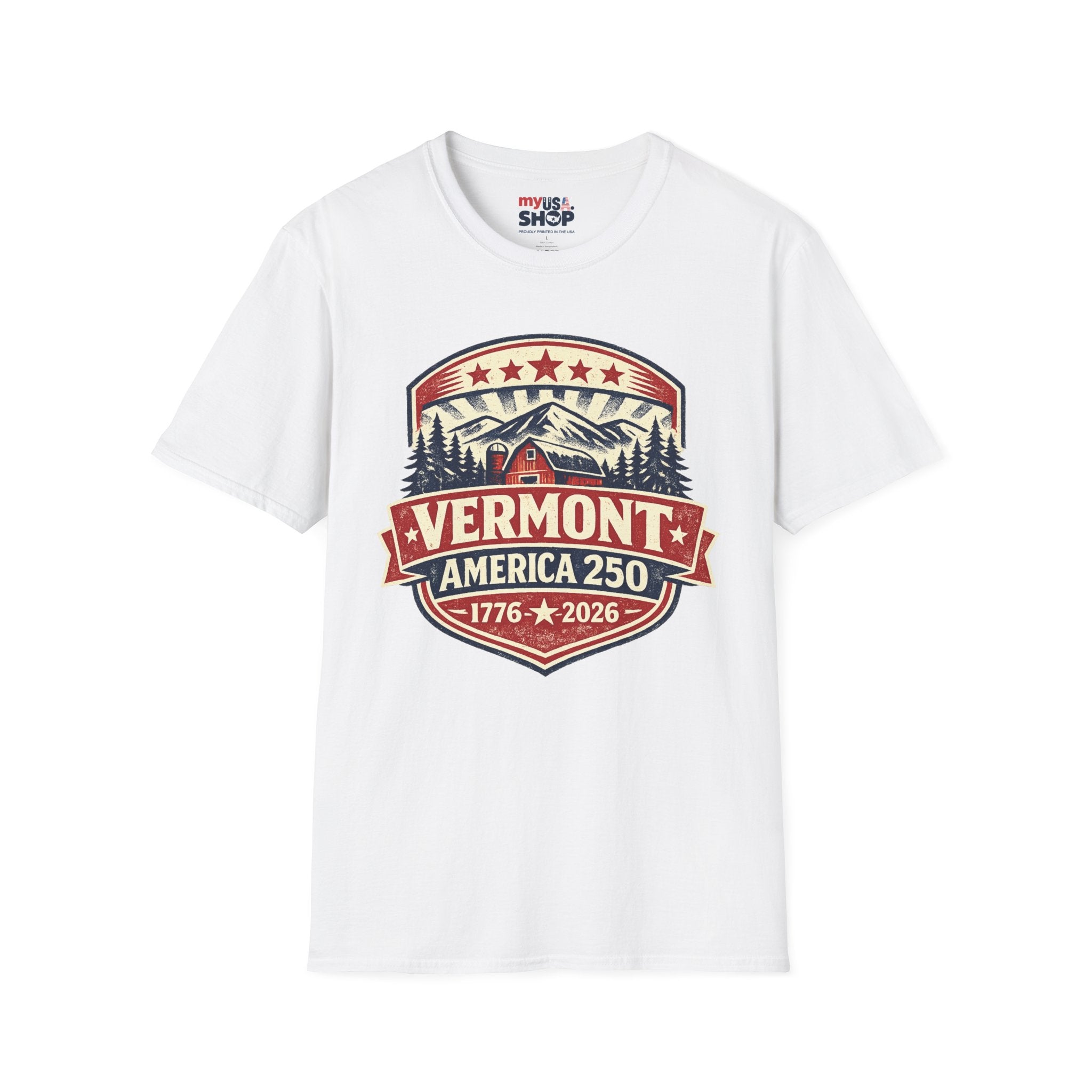 Vermont America 250 T-Shirt — Retro Mountain Cabin Design