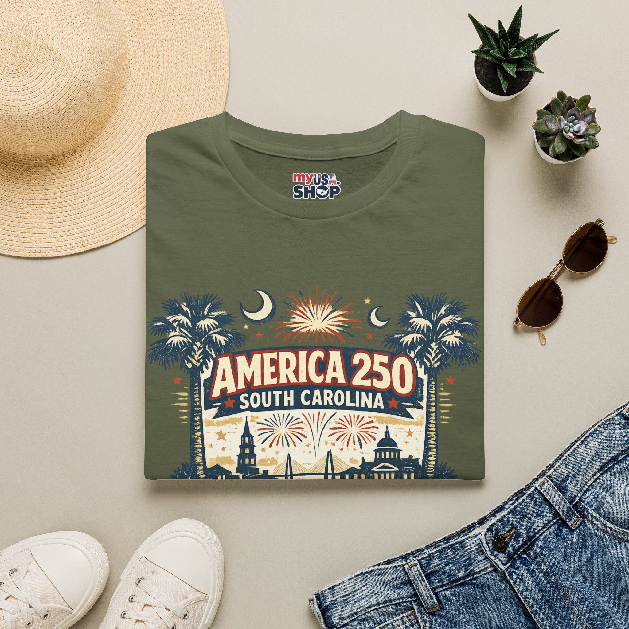 America 250 South Carolina T‑Shirt — Patriotic 250th Anniversary Tee with Palms & Fireworks