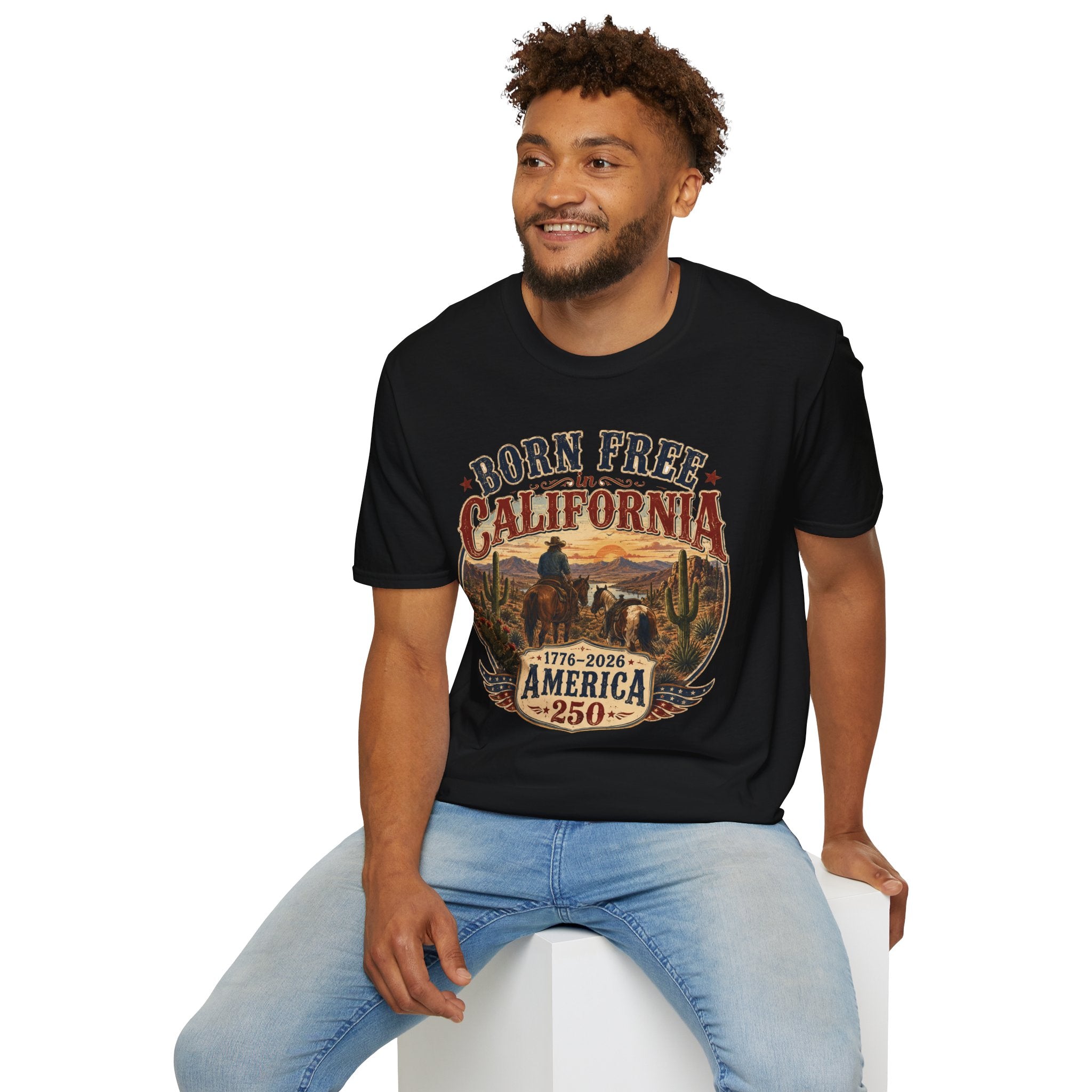 America 250 Born Free in California T-Shirt — Vintage Western Sunset Graphic