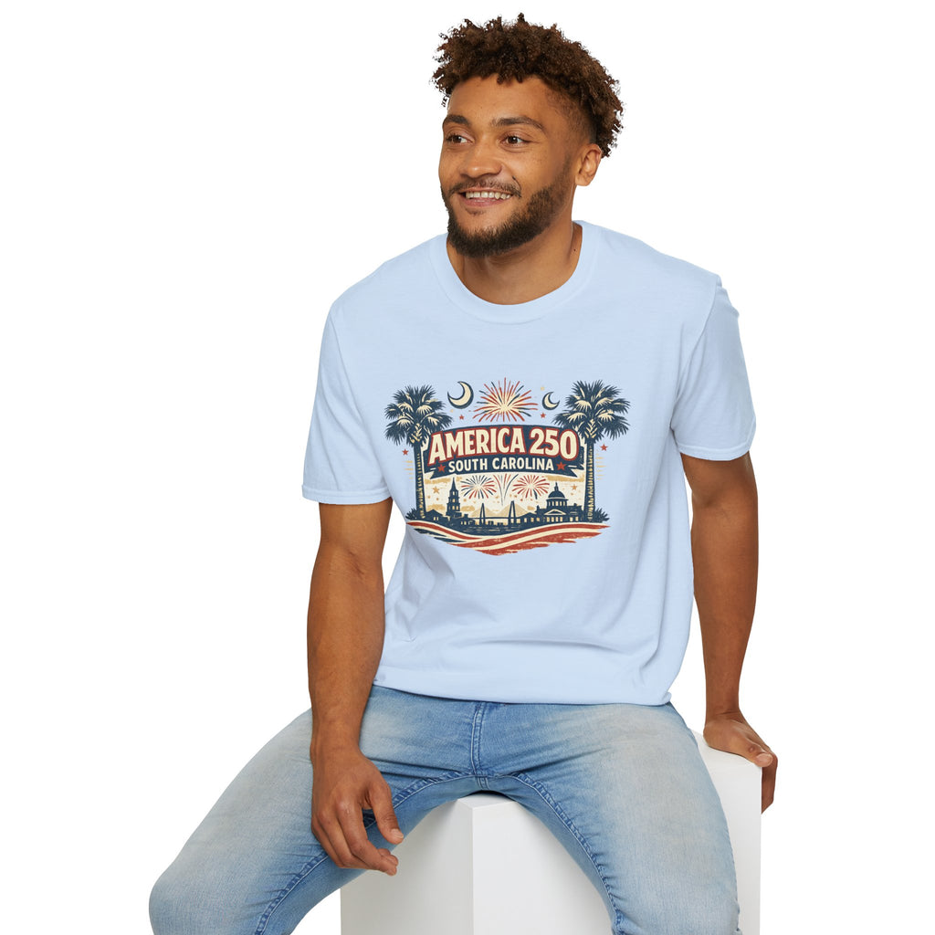 America 250 South Carolina T‑Shirt — Patriotic 250th Anniversary Tee with Palms & Fireworks