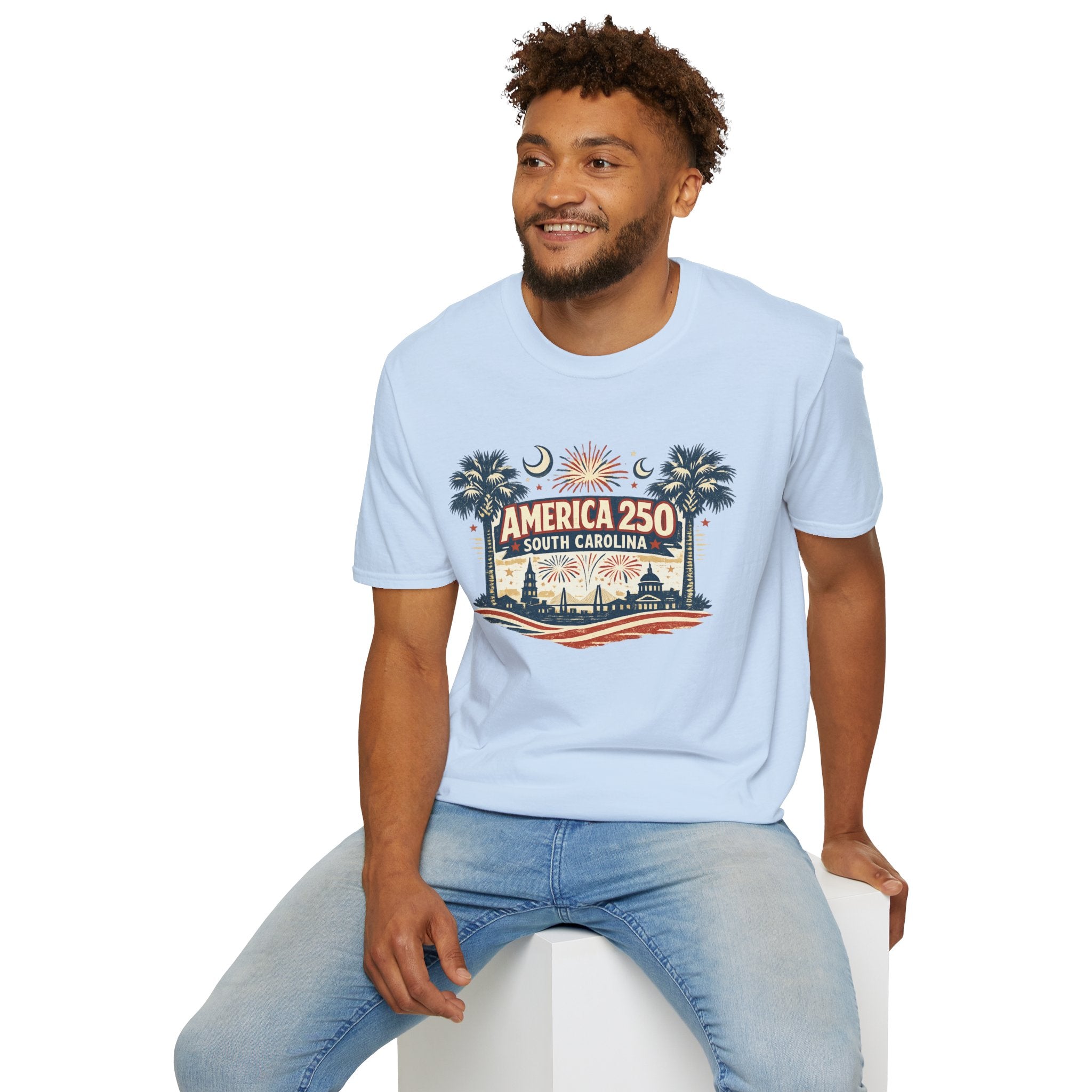 America 250 South Carolina T‑Shirt — Patriotic 250th Anniversary Tee with Palms & Fireworks