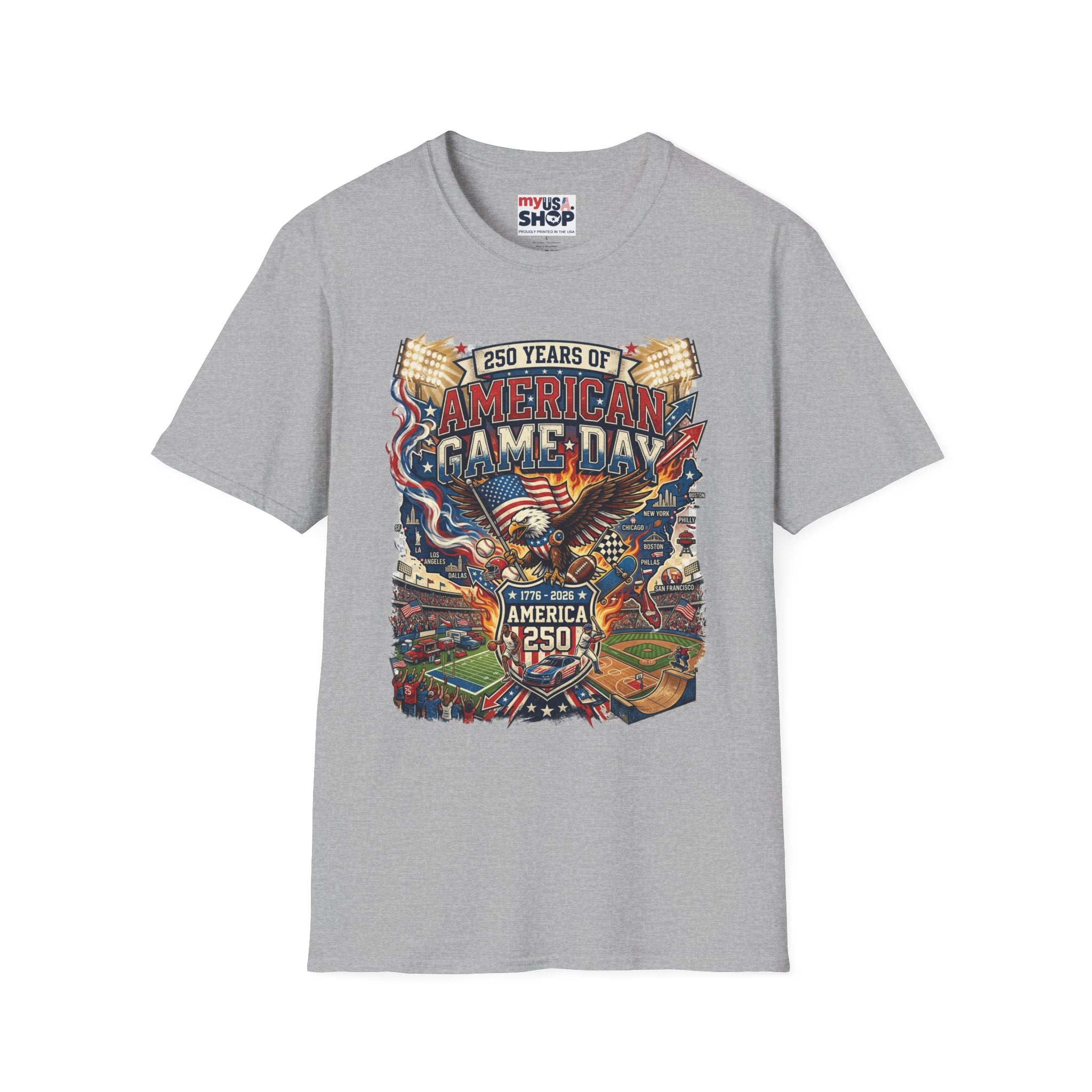 American Game Day T-Shirt — 250 Years USA Football & Baseball Celebration Pop Culture