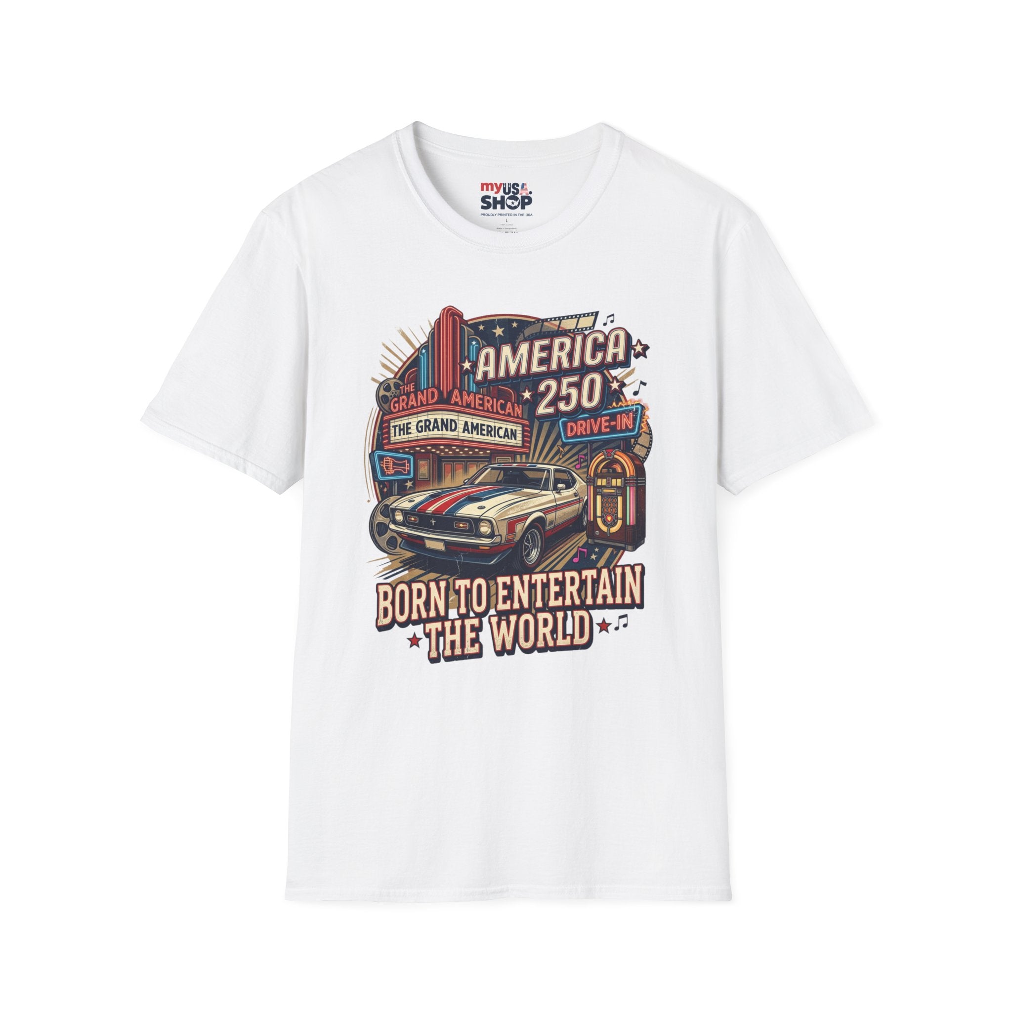 America 250 Vintage Drive-In Car T-Shirt — "Born to Entertain the World" Pop Culture