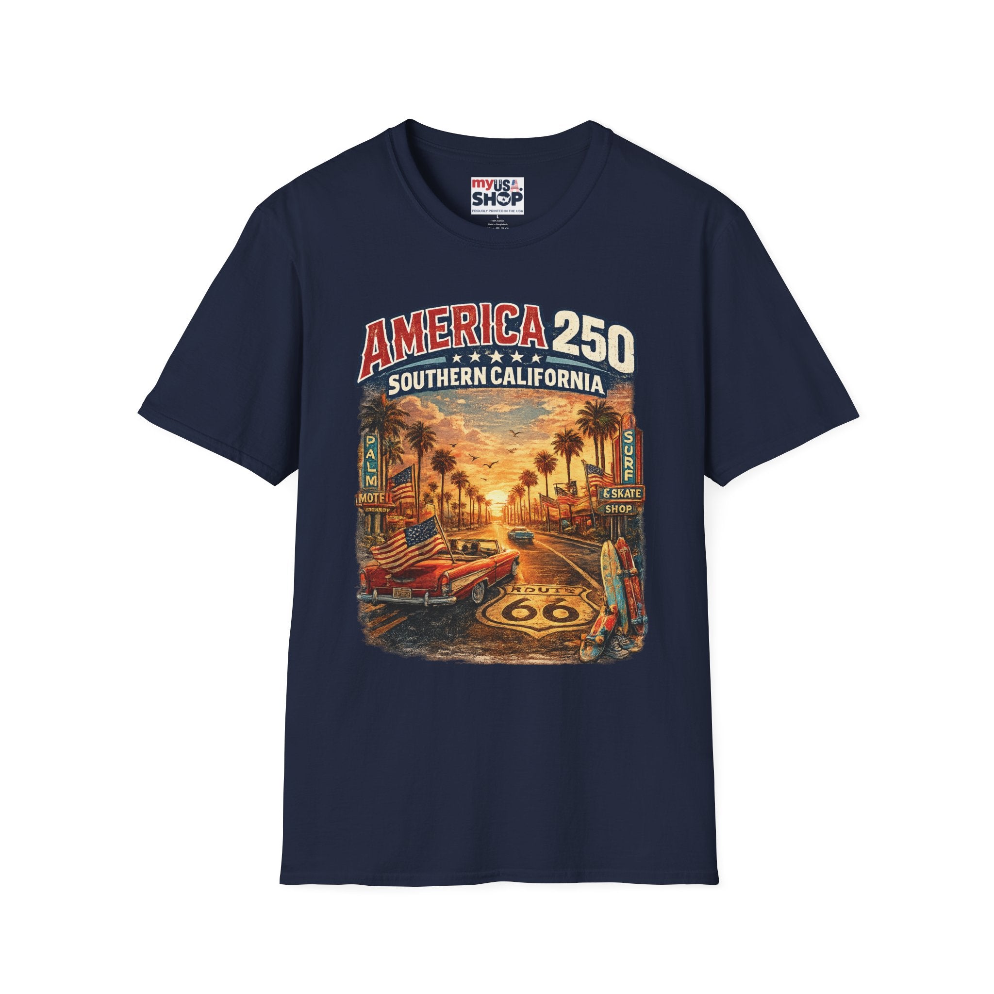 America 250 Southern California Sunset T‑Shirt — Retro Route 66 Palm Tree Tee