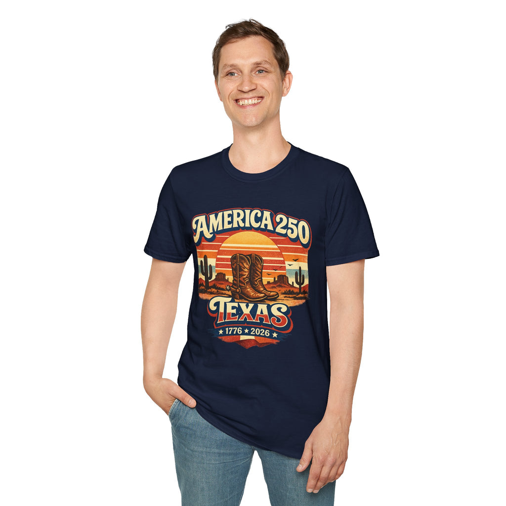America 250 Texas T-Shirt — 1776–2026 Retro Cowboy Boots Sunset Design