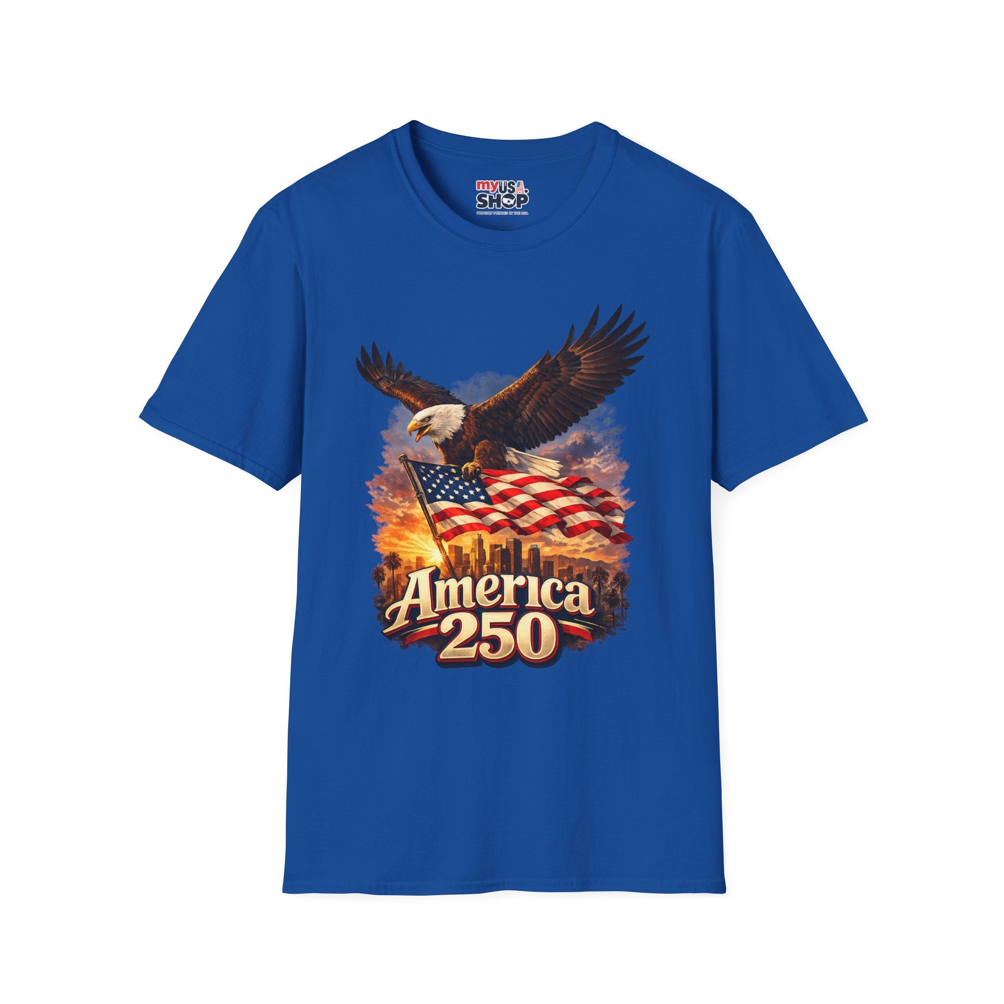 America 250 Los Angeles Eagle Flag Skyline Palms Sunset White California Tee
