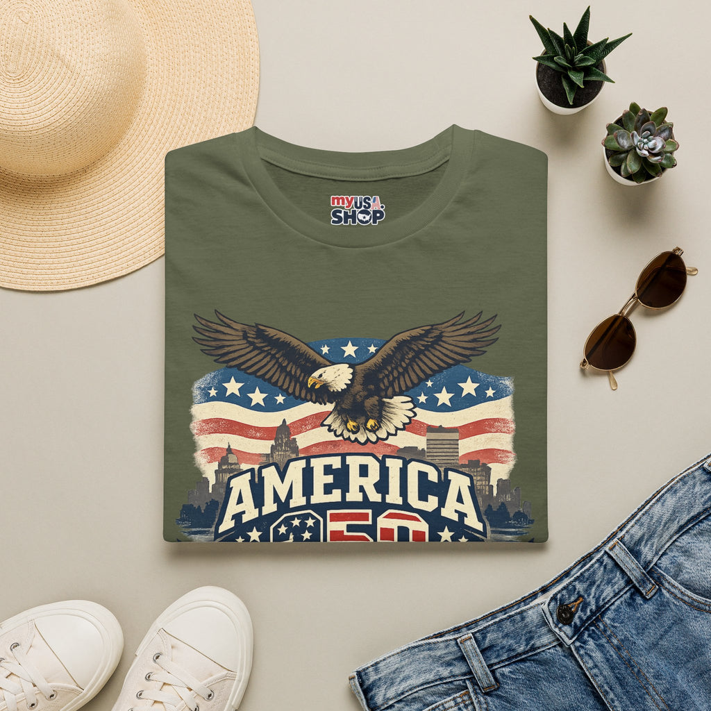 America 250 Rhode Island Eagle Shirt — Patriotic Skyline Graphic Tee