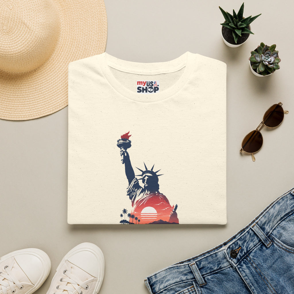 America 250 Liberty Pacific California T-Shirt — Statue of Liberty Sunset Graphic