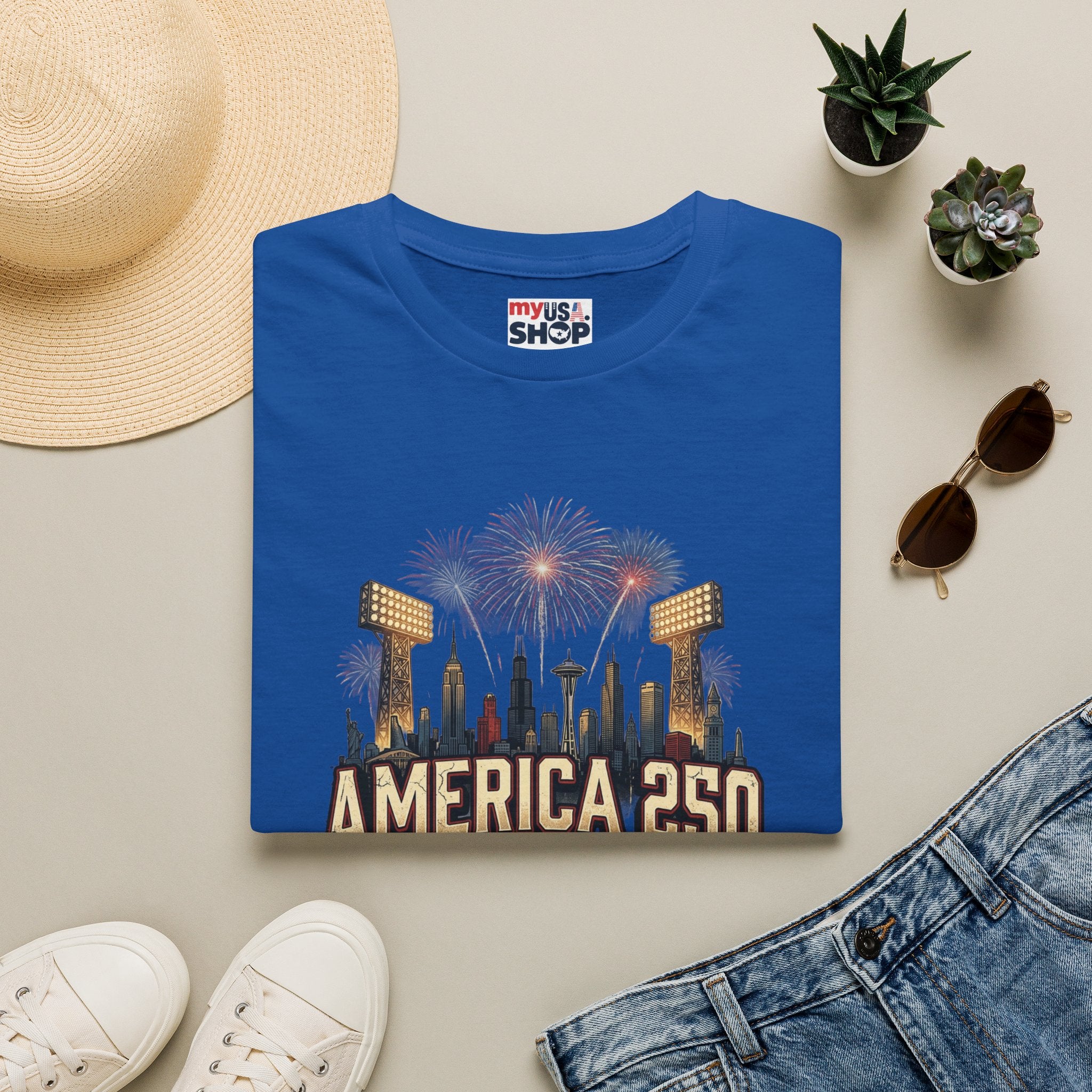 America 250 Celebration T‑Shirt — Hometown Legends Fireworks Skyline Pop Culture