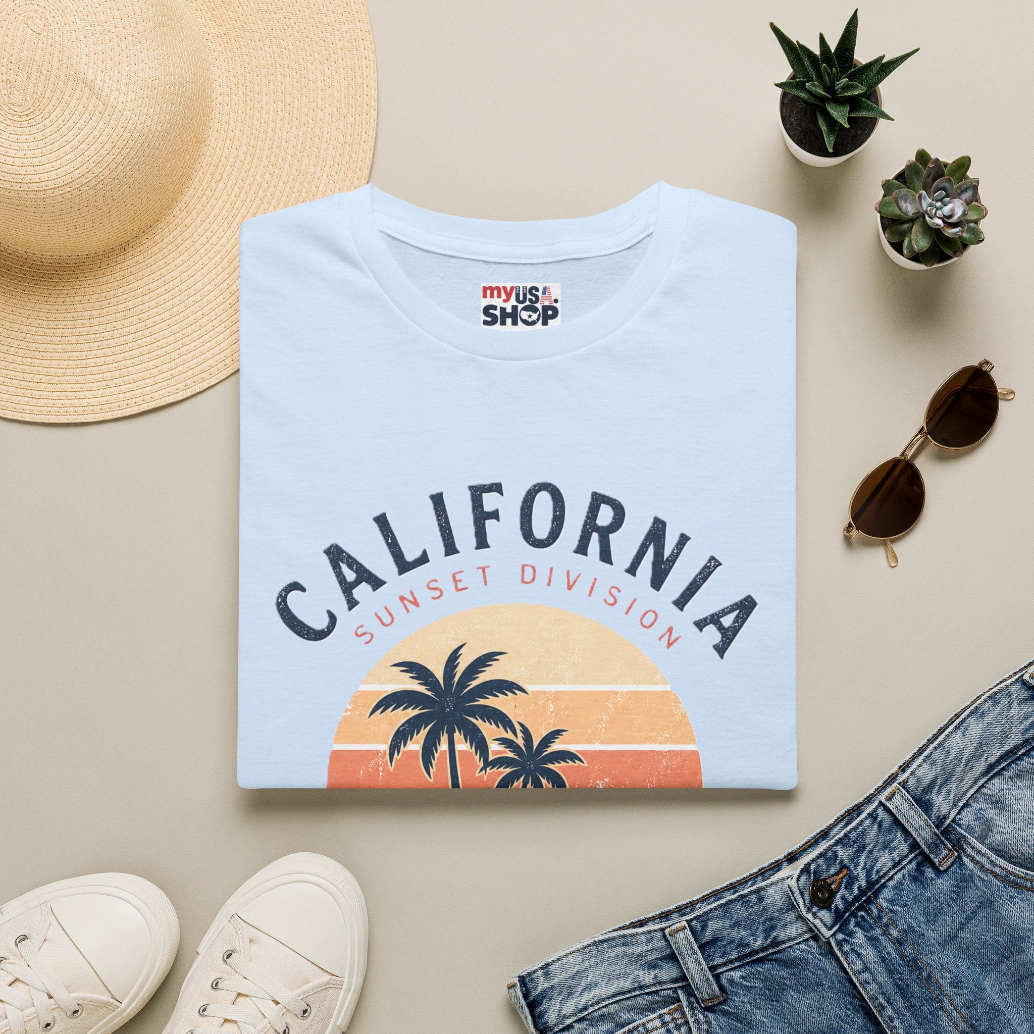 America 250 California Sunset T-Shirt — Palm Tree Retro Beach Tee