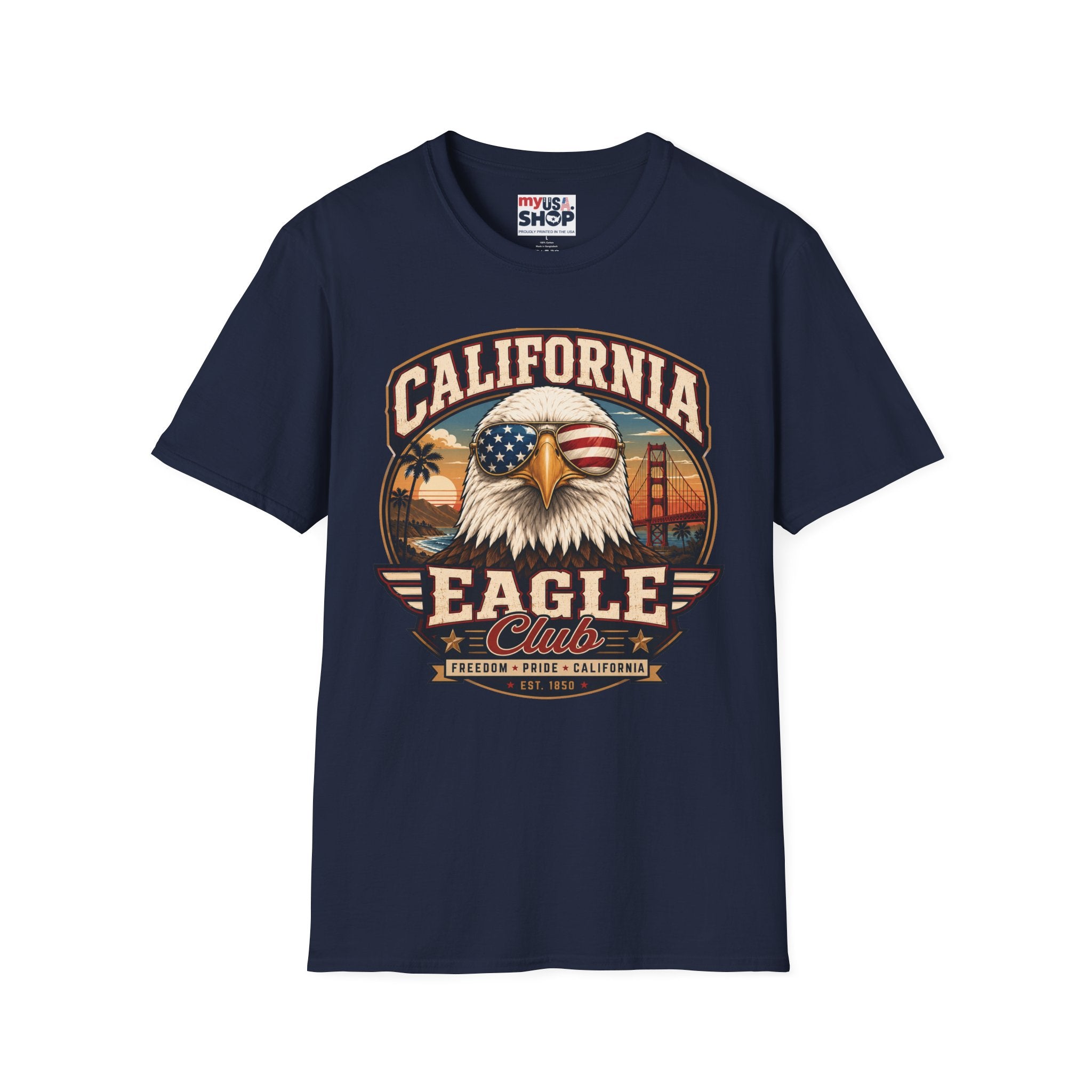 America 250 California Eagle Club T-Shirt — Patriotic Vintage Bald Eagle & Golden Gate Tee