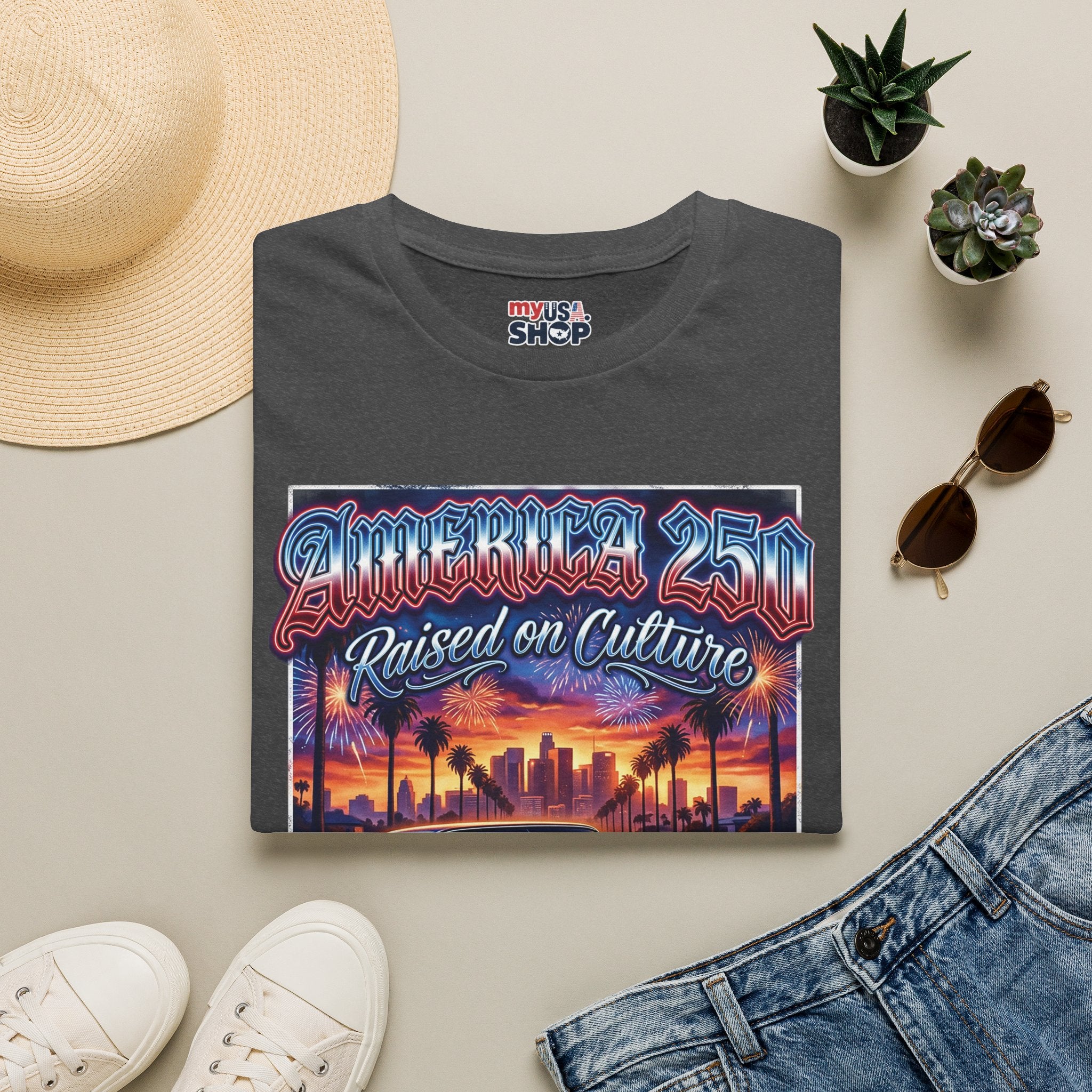 America 250 California "Raised on Culture" — Vintage Sunset Classic Car Patriotic
