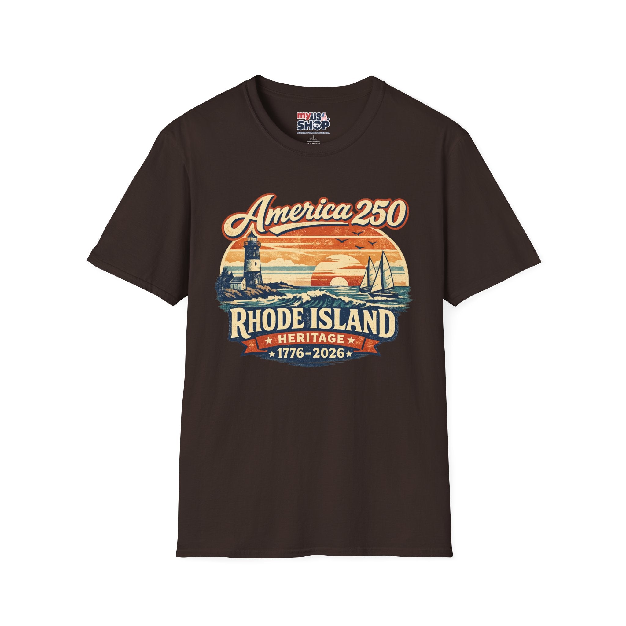 America 250 Rhode Island Heritage Shirt — Coastal Lighthouse Sunset Tee