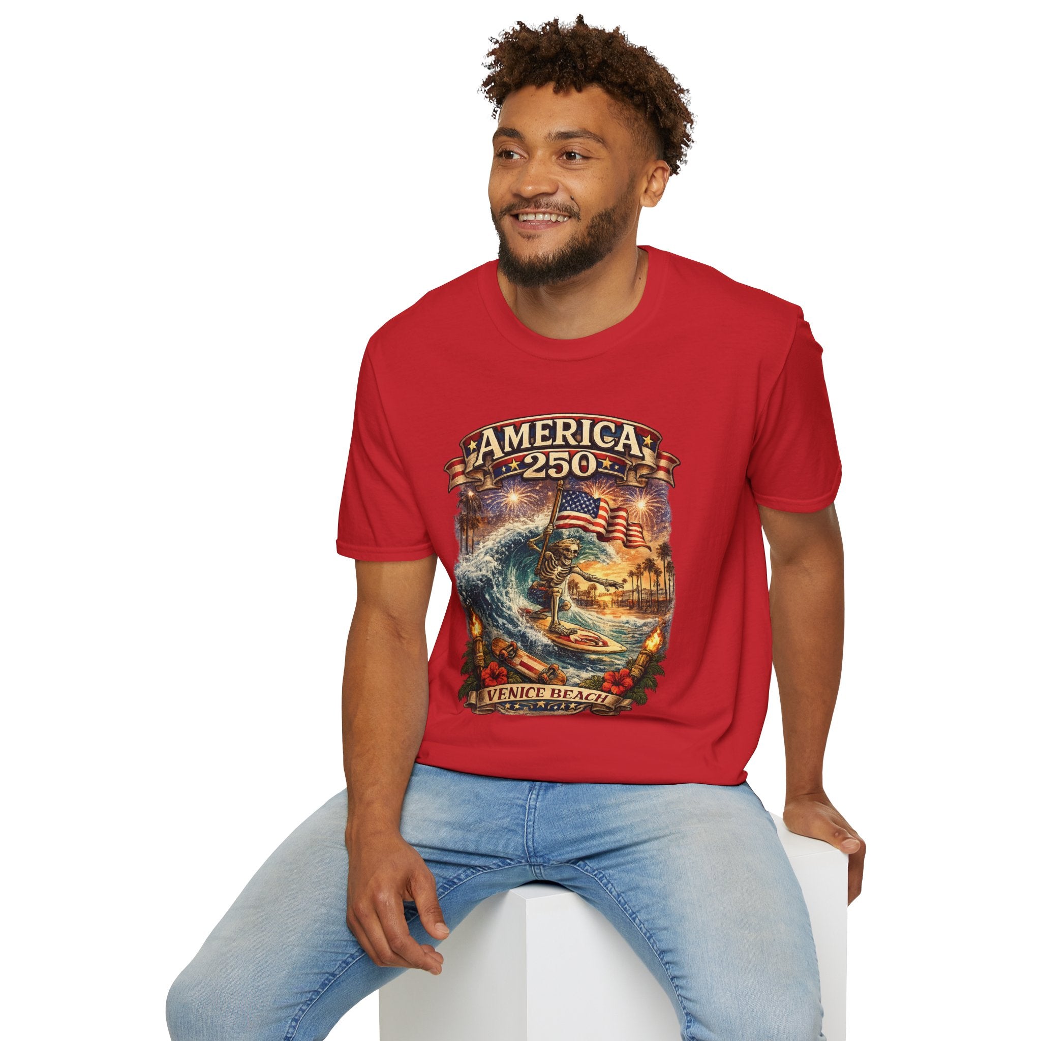 America 250 Venice Beach T-Shirt — Patriotic Vintage Surf & Fireworks Tee