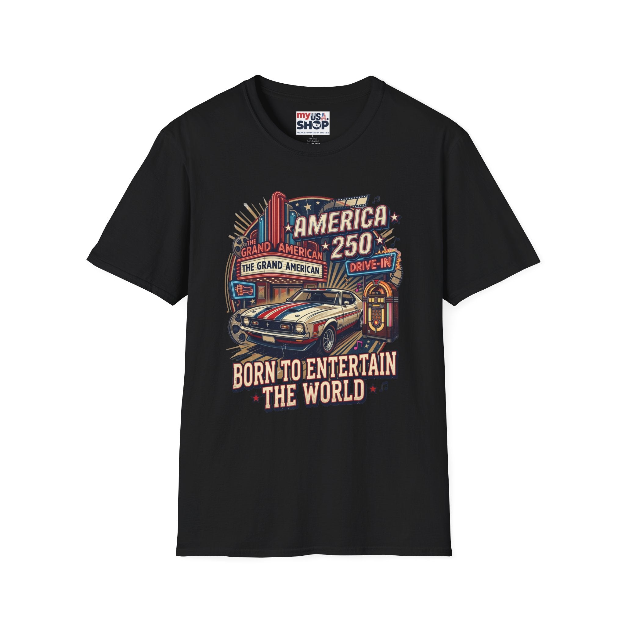 America 250 Vintage Drive-In Car T-Shirt — "Born to Entertain the World" Pop Culture
