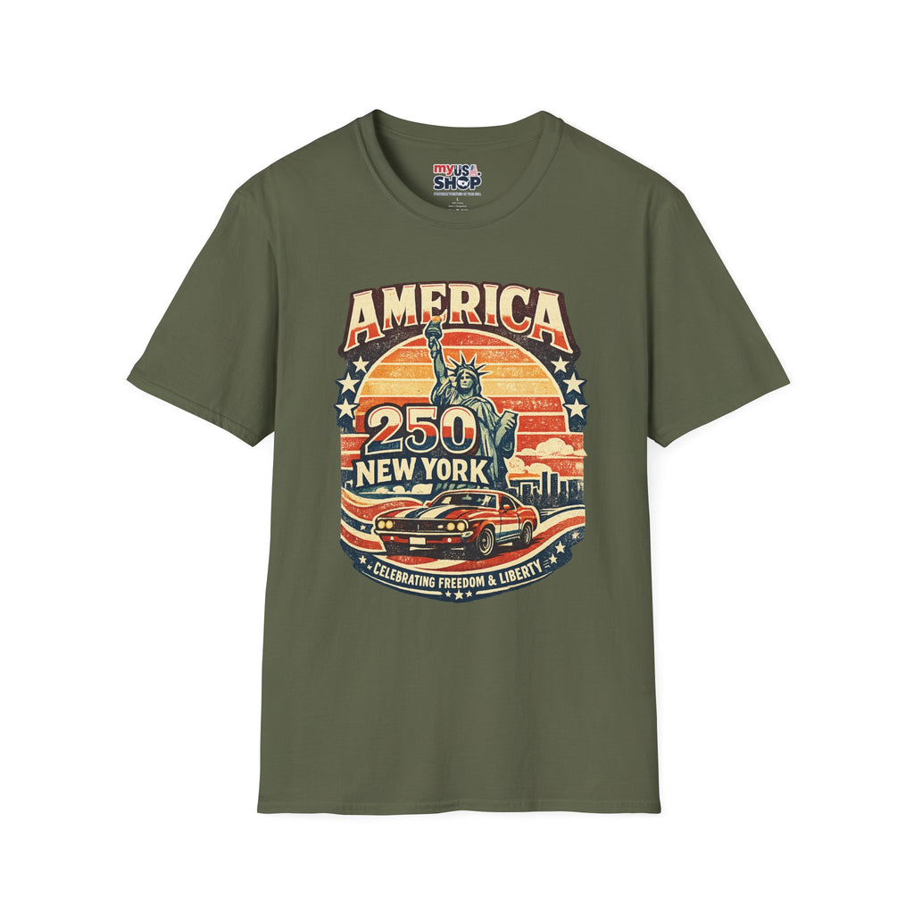 America 250 New York T-Shirt — Retro Statue of Liberty Graphic