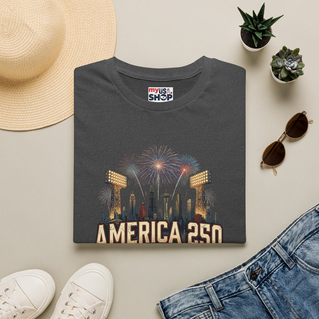 America 250 Celebration T‑Shirt — Hometown Legends Fireworks Skyline Pop Culture