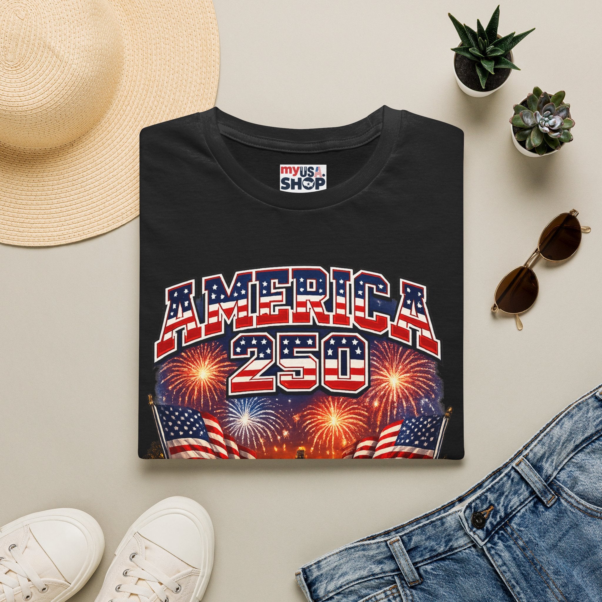 America 250 T-Shirt — Patriotic Fireworks Classic Car Tee for Independence Day