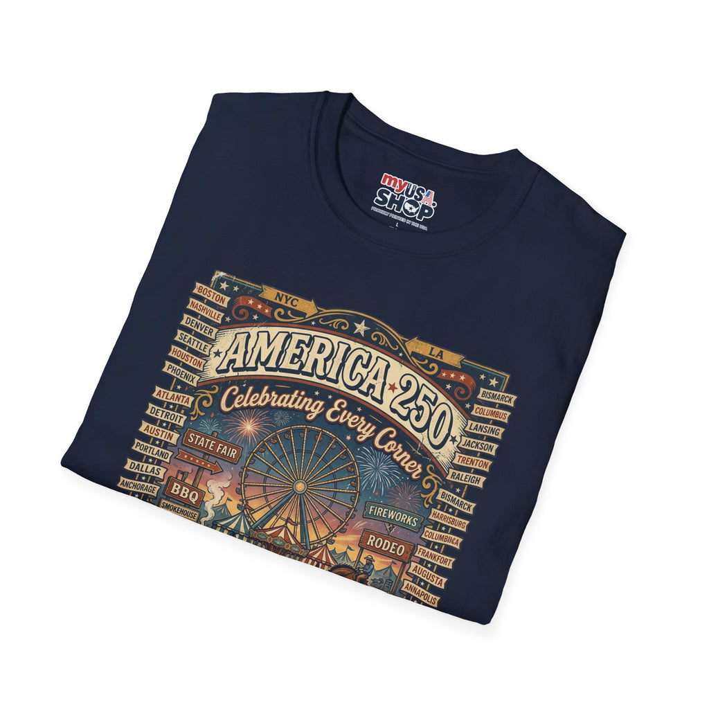 America 250 Celebration T-Shirt — Vintage Fair Ferris Wheel Patriotic Tee Pop Culture