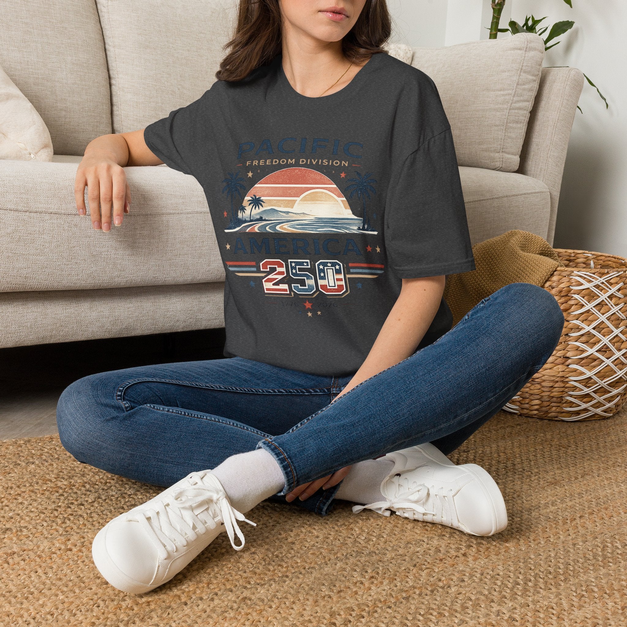 America 250 Pacific Sunset T-Shirt — Vintage Coastal Palm Beach Graphic