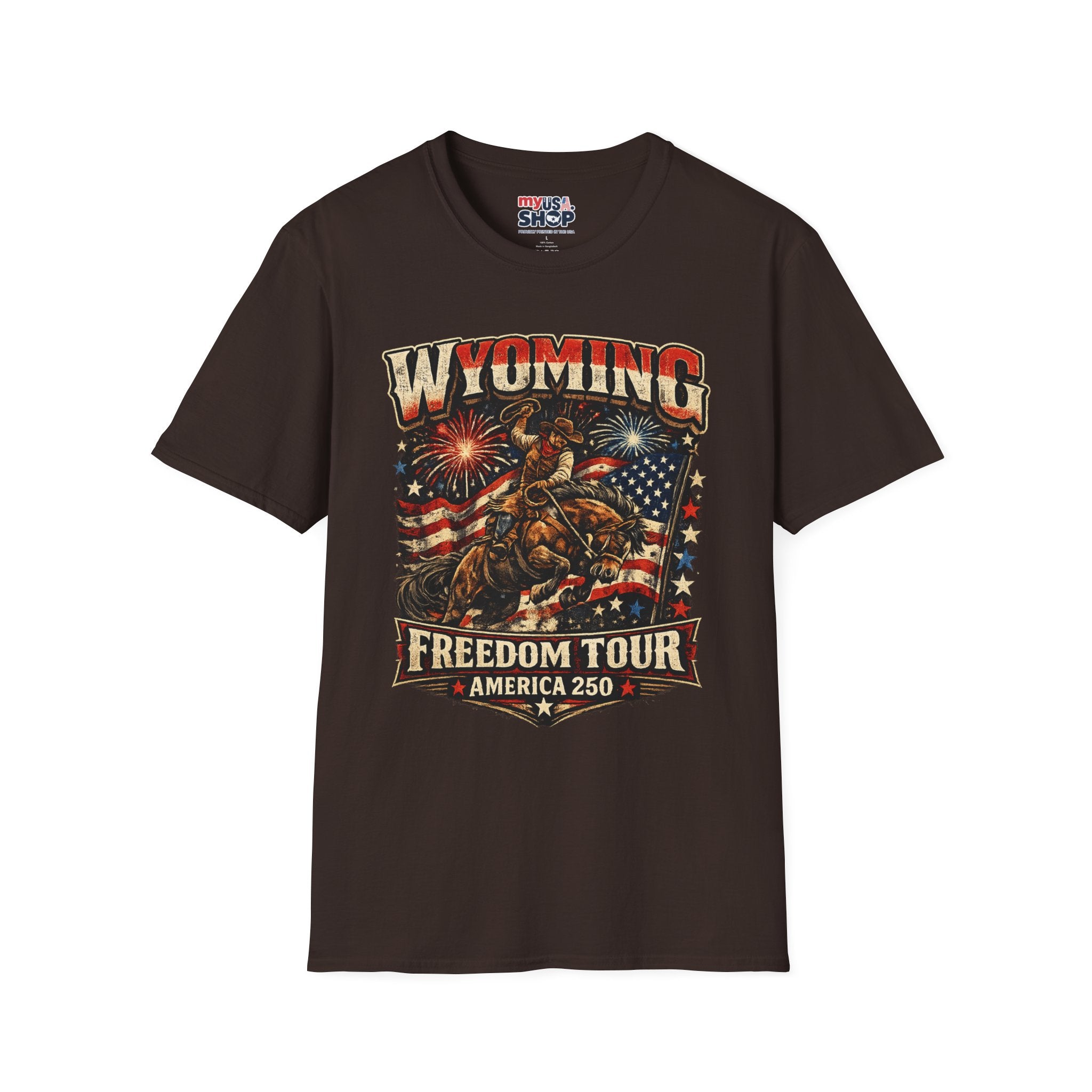 America 250 Freedom Tour T-Shirt — Wyoming Patriotic Rodeo USA Graphic Tee