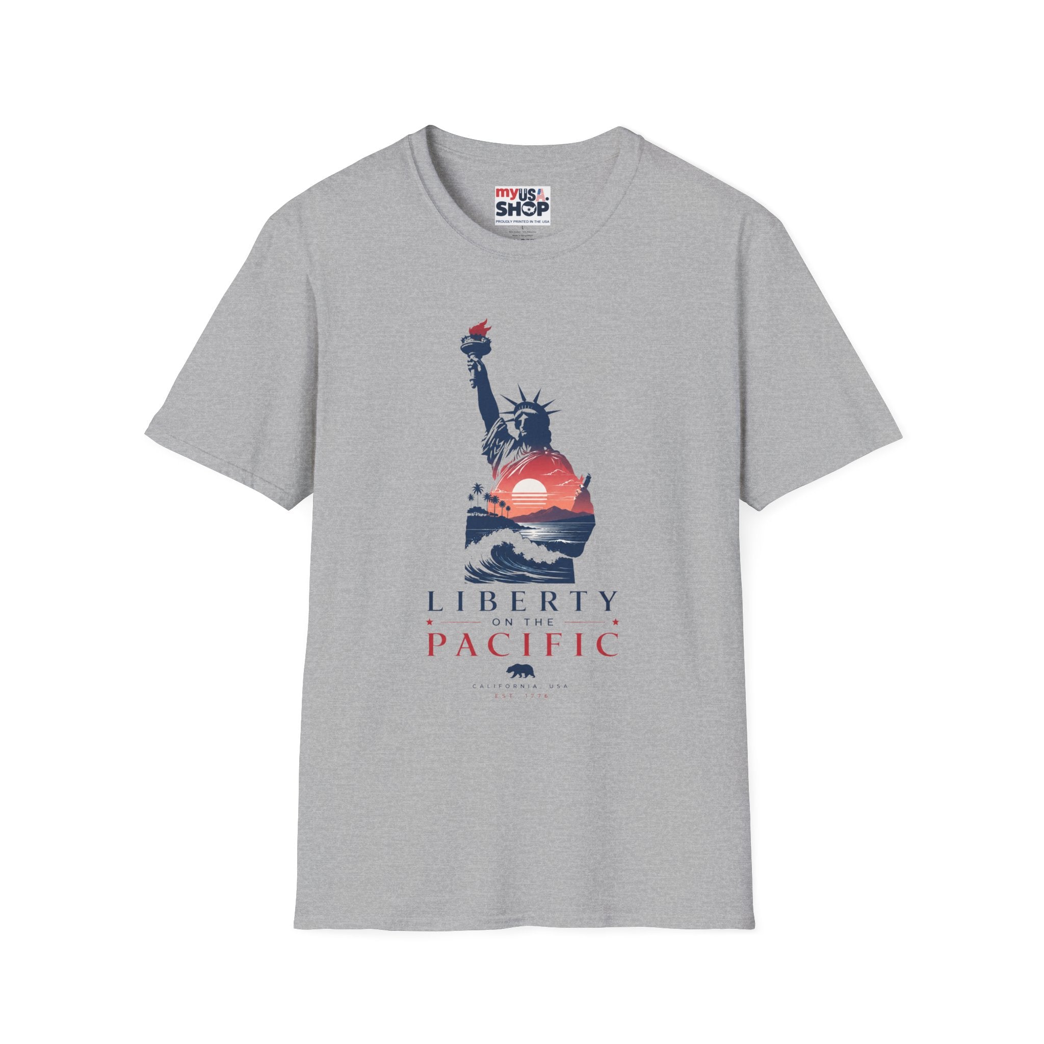 America 250 Liberty Pacific California T-Shirt — Statue of Liberty Sunset Graphic