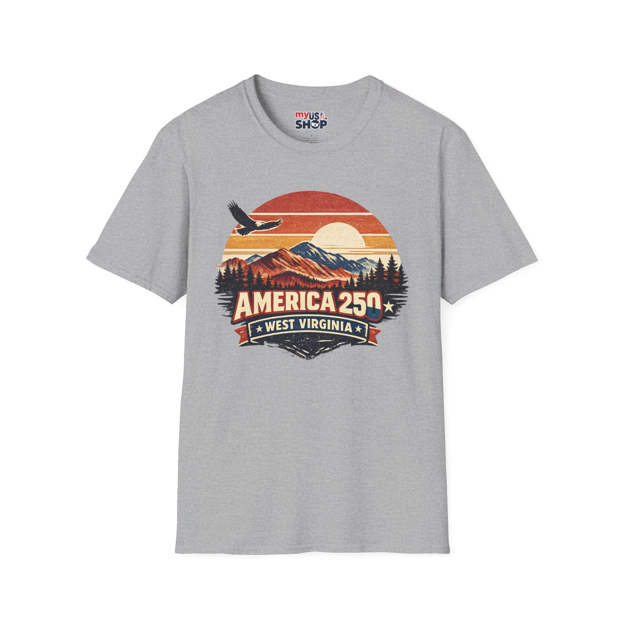 America 250 Retro Sunrise T-Shirt — West Virginia Scenic Eagle Design