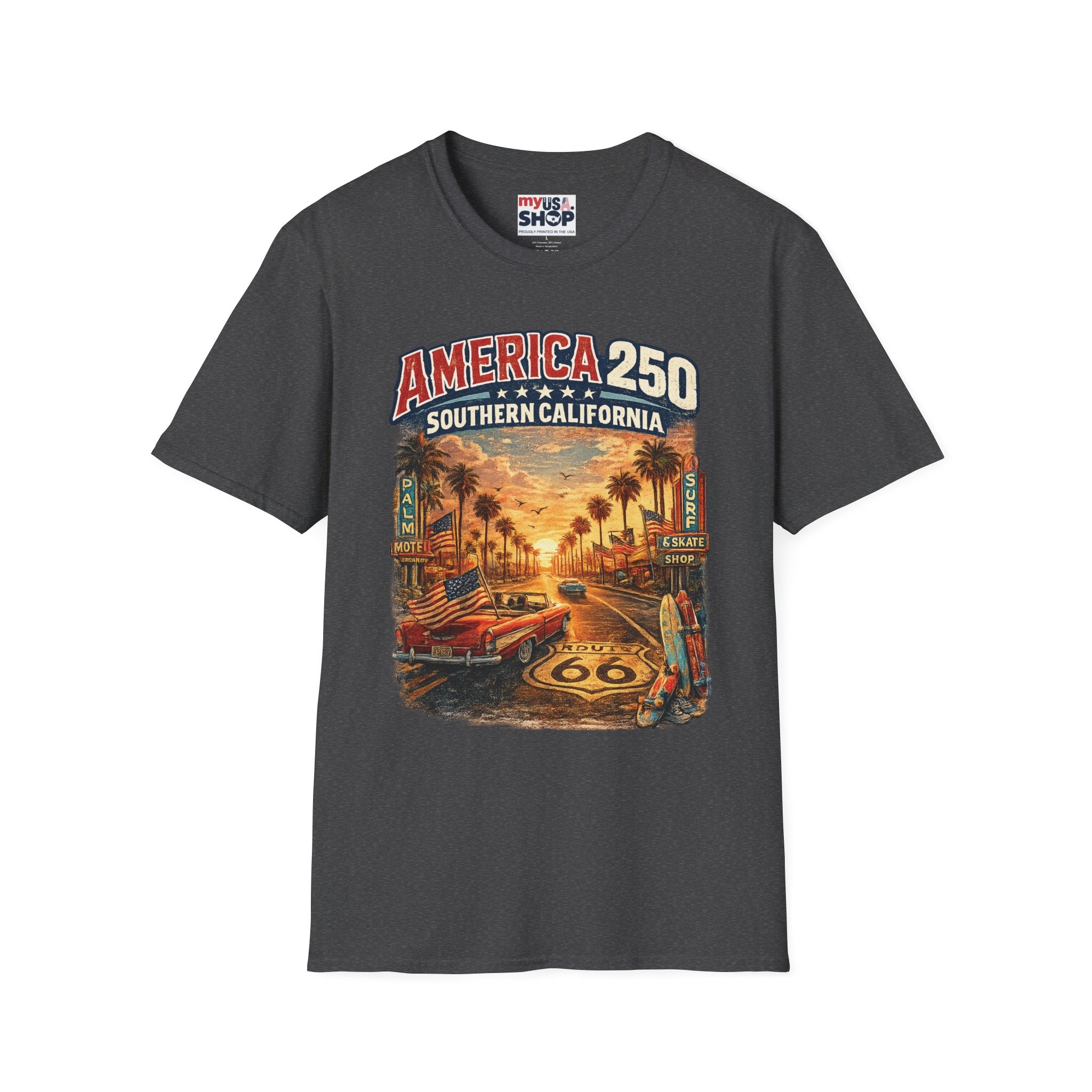 America 250 Southern California Sunset T‑Shirt — Retro Route 66 Palm Tree Tee