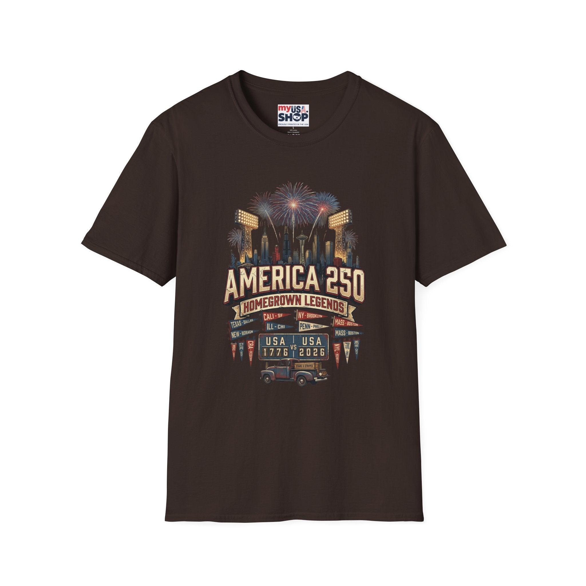 America 250 Celebration T‑Shirt — Hometown Legends Fireworks Skyline Pop Culture