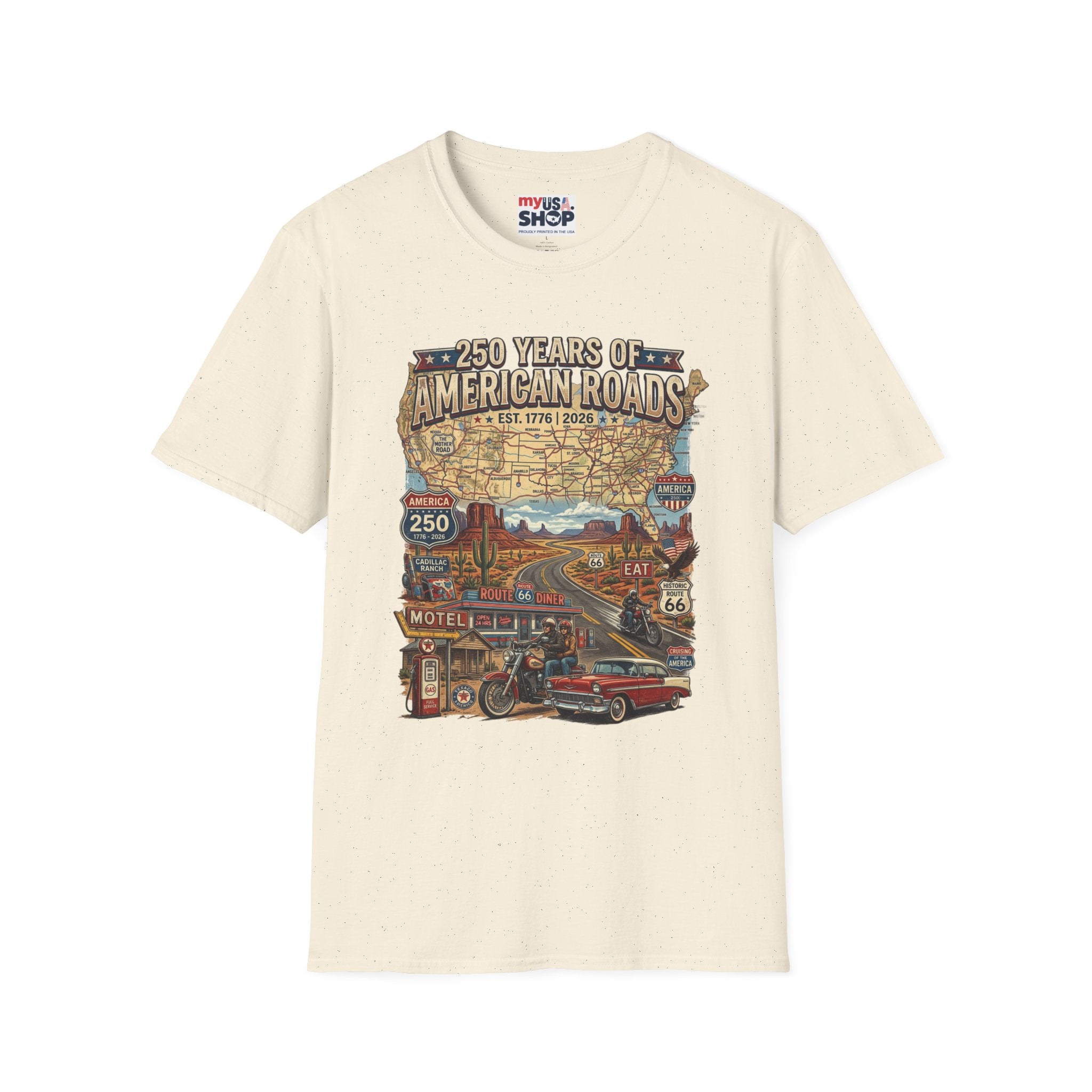 250 Years of American Roads T‑Shirt — Vintage USA Roadmap & Route 66 Travel Tee America 250 Pop Culture