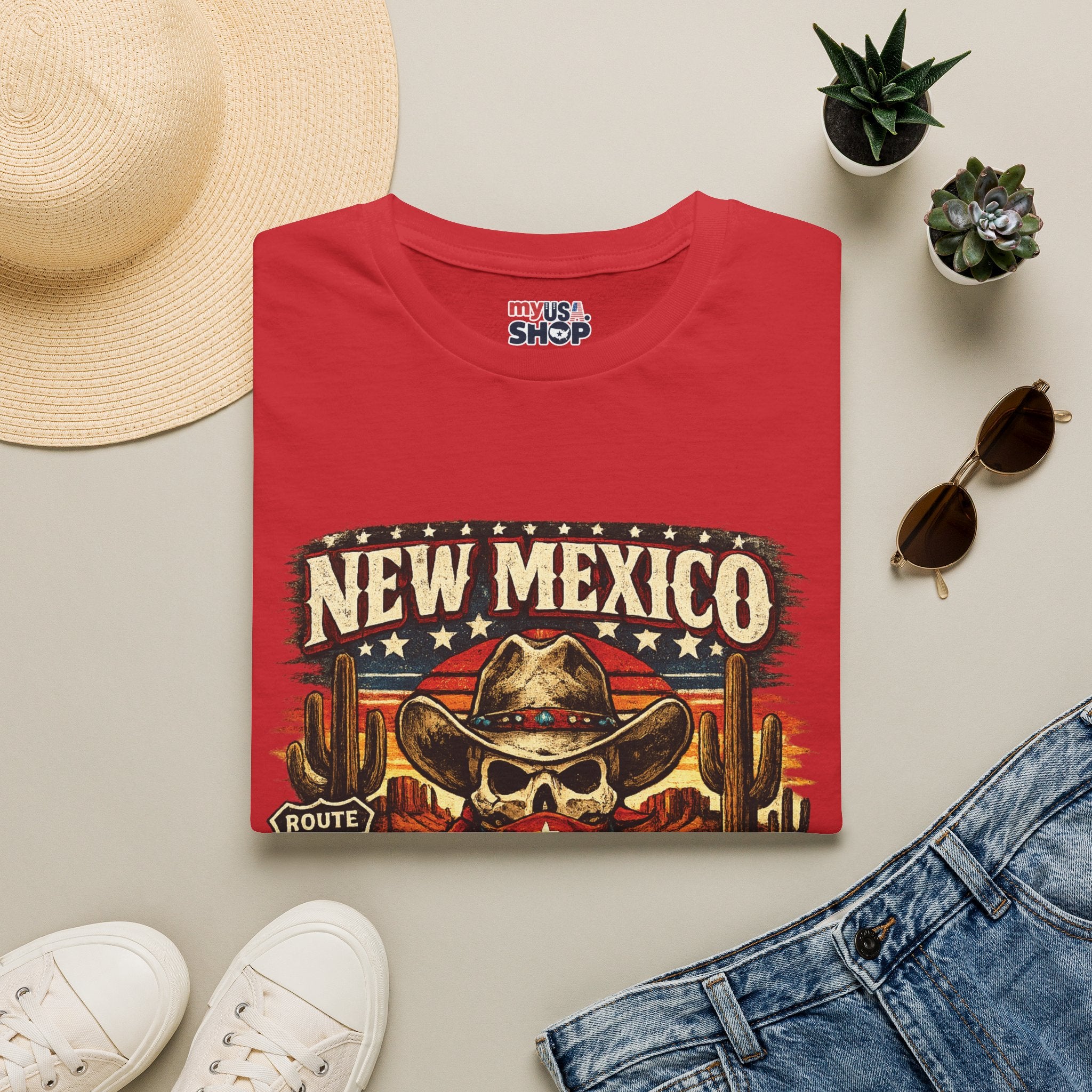 America 250 x New Mexico Skull Cowboy — Vintage Route 66 Desert