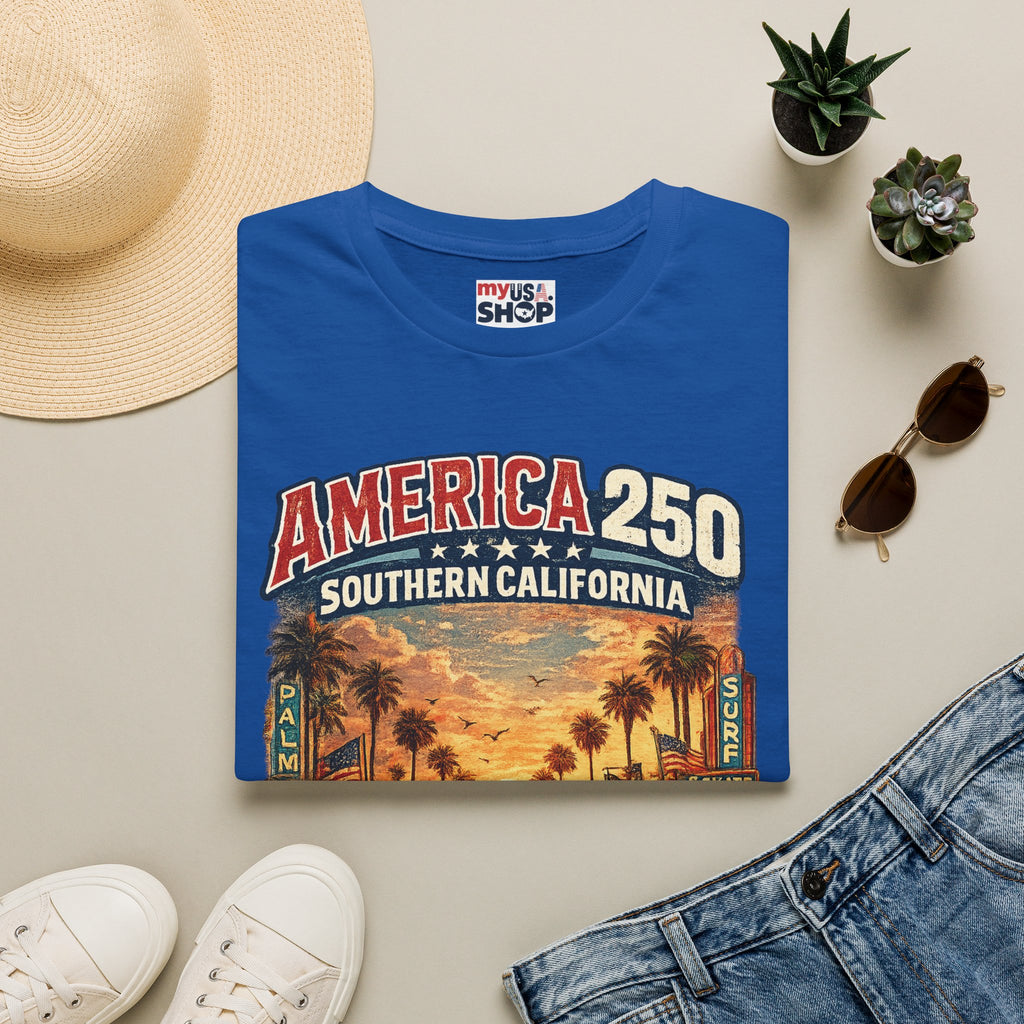 America 250 Southern California Sunset T‑Shirt — Retro Route 66 Palm Tree Tee