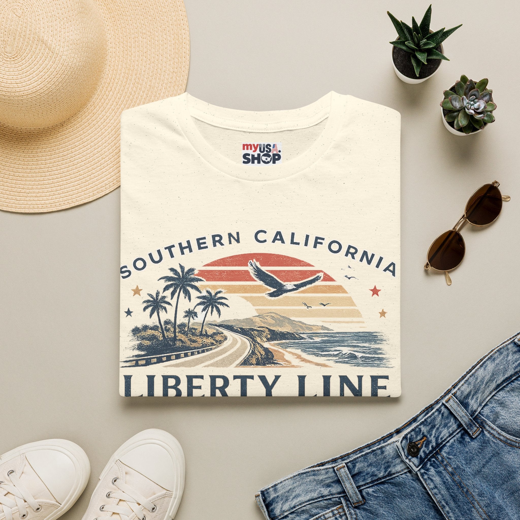 America 250 Southern California Liberty Line T-Shirt — Retro Beach Sunset Graphic