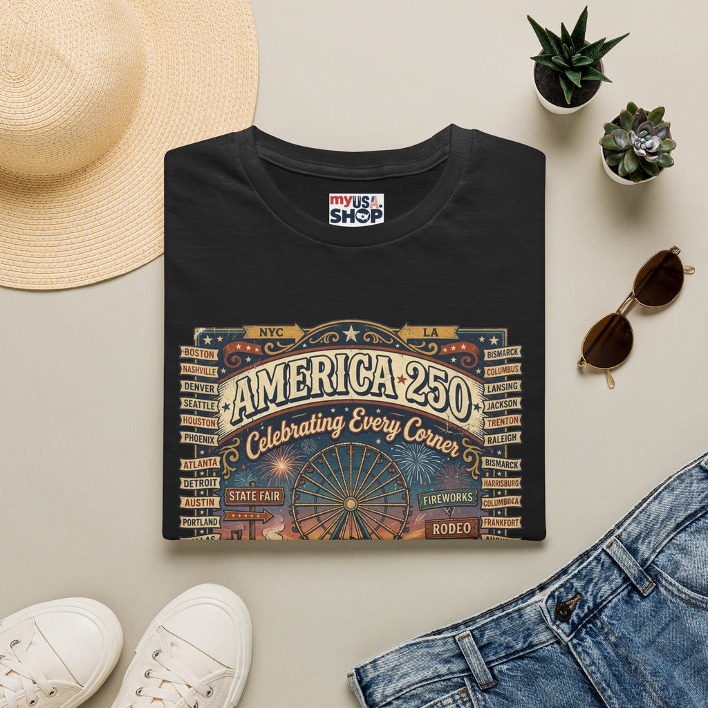 America 250 Celebration T-Shirt — Vintage Fair Ferris Wheel Patriotic Tee Pop Culture