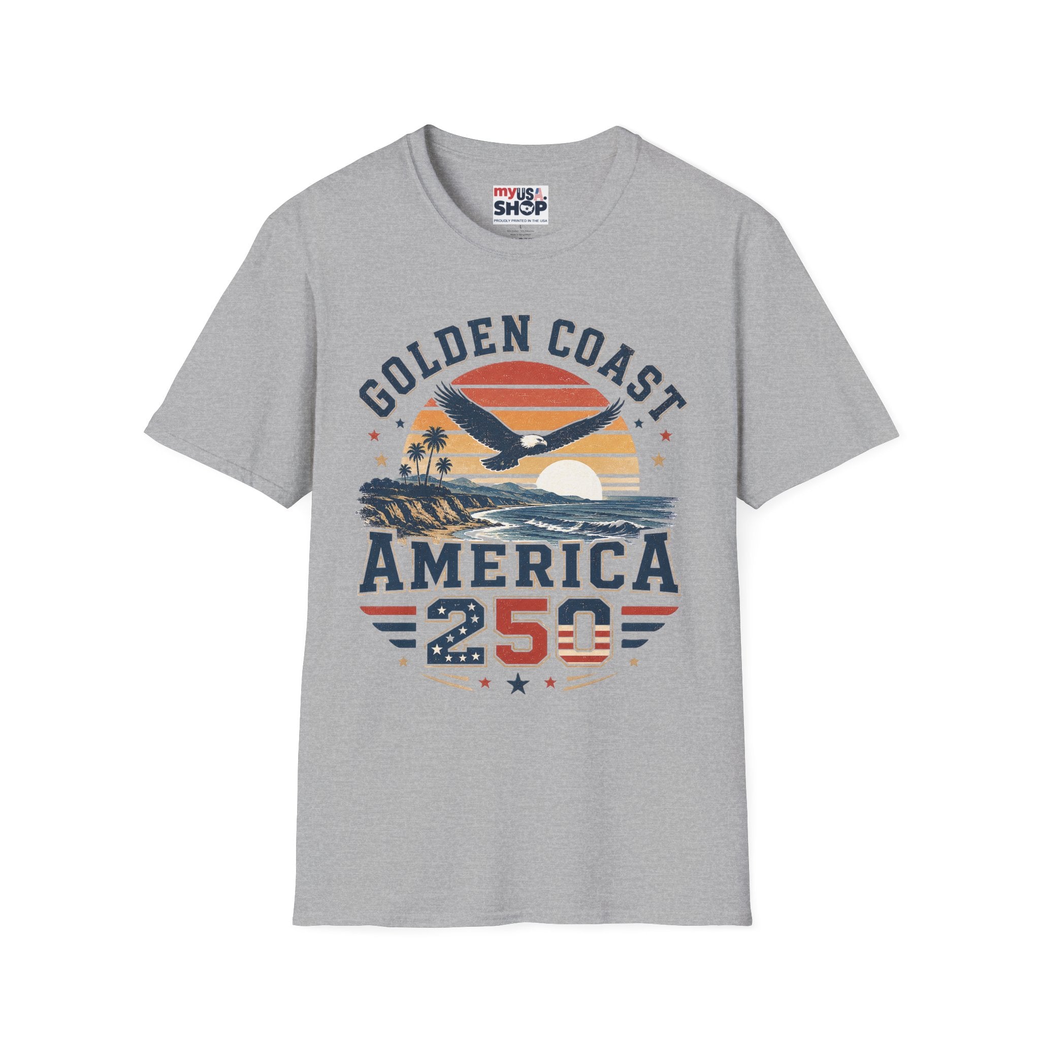 Golden Coast T-Shirt — Retro Sunset Eagle America 250 Beach Tee