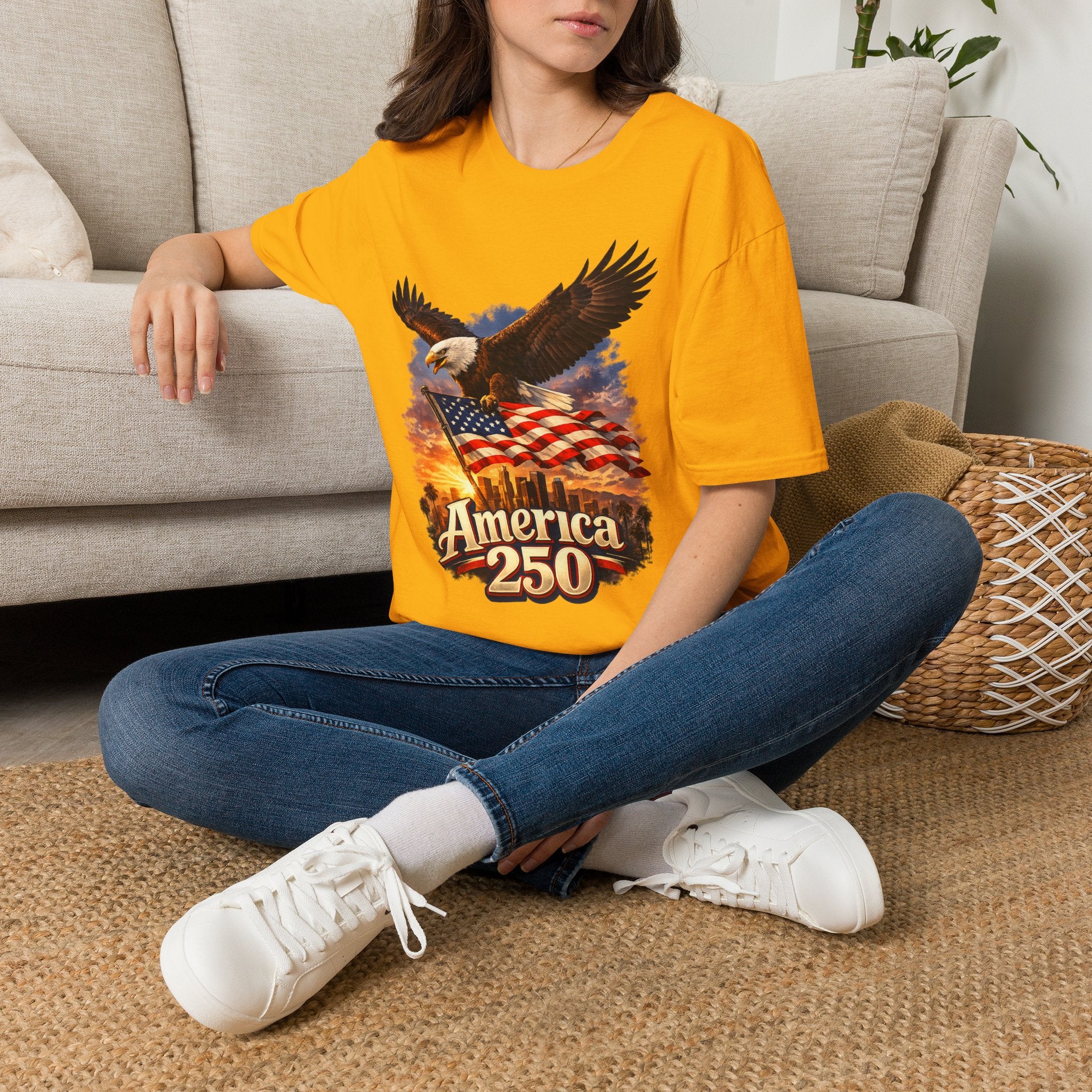 America 250 Los Angeles Eagle Flag Skyline Palms Sunset White California Tee