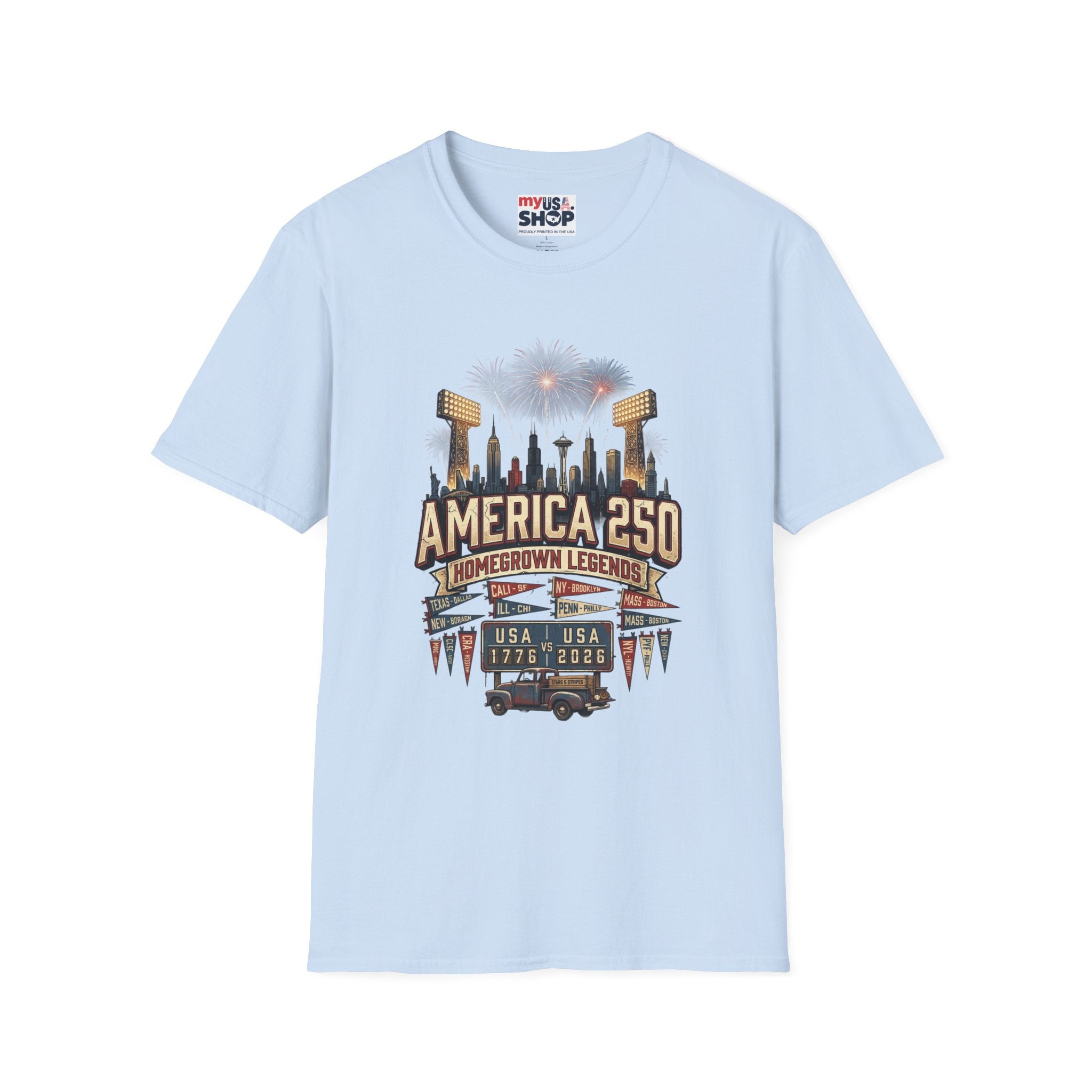 America 250 Celebration T‑Shirt — Hometown Legends Fireworks Skyline Pop Culture