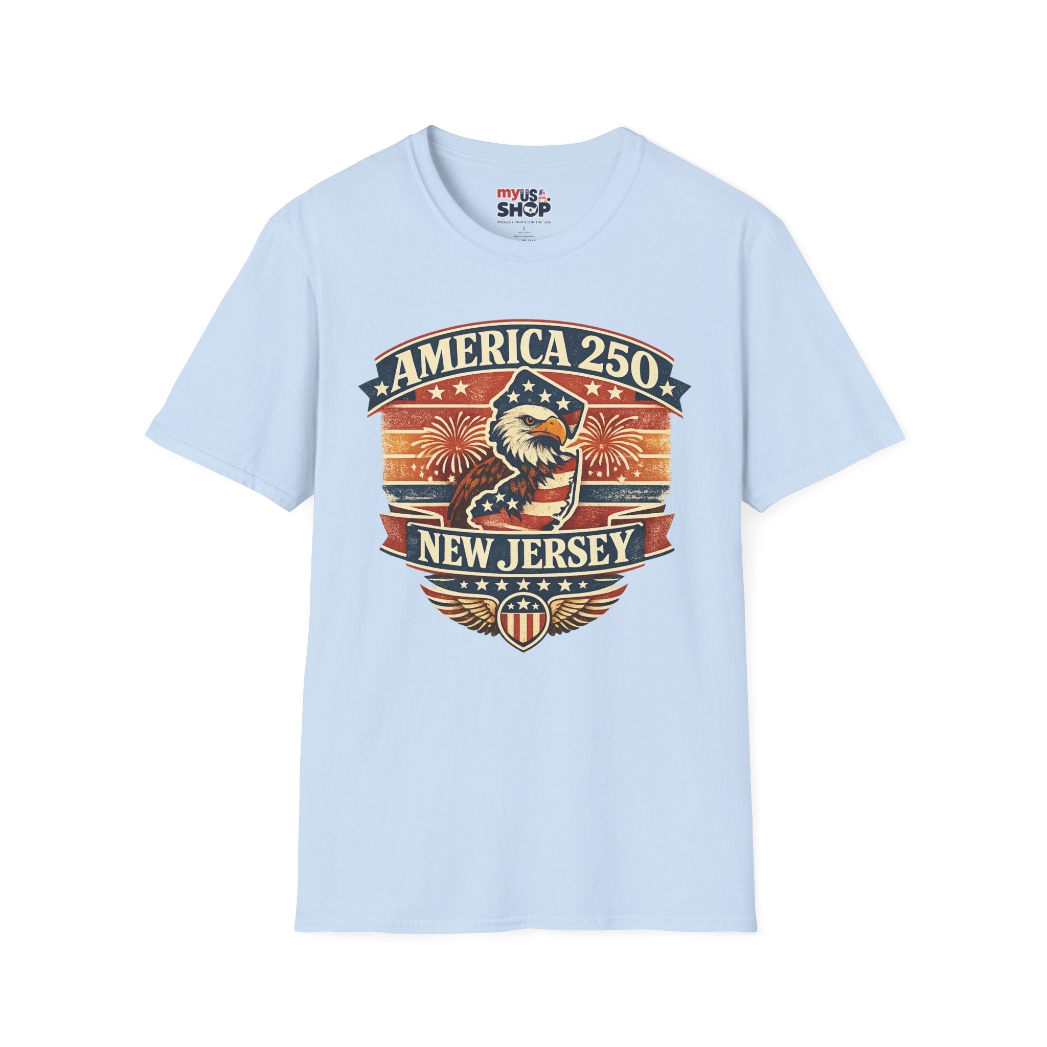 America 250 New Jersey T‑Shirt — Patriotic Bald Eagle & Fireworks Tee