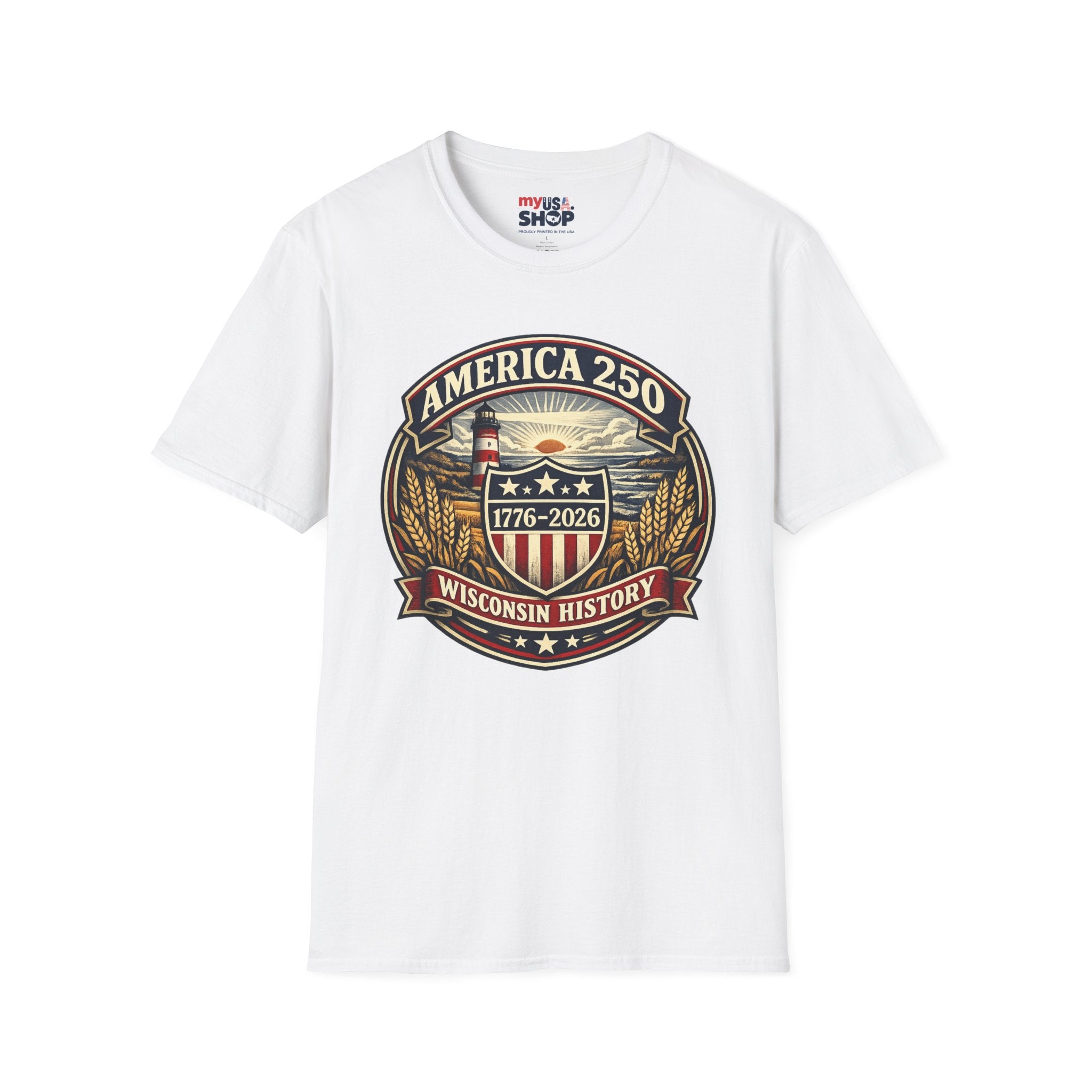 America 250 Commemorative T-Shirt – Wisconsin History Lighthouse Vintage Badge